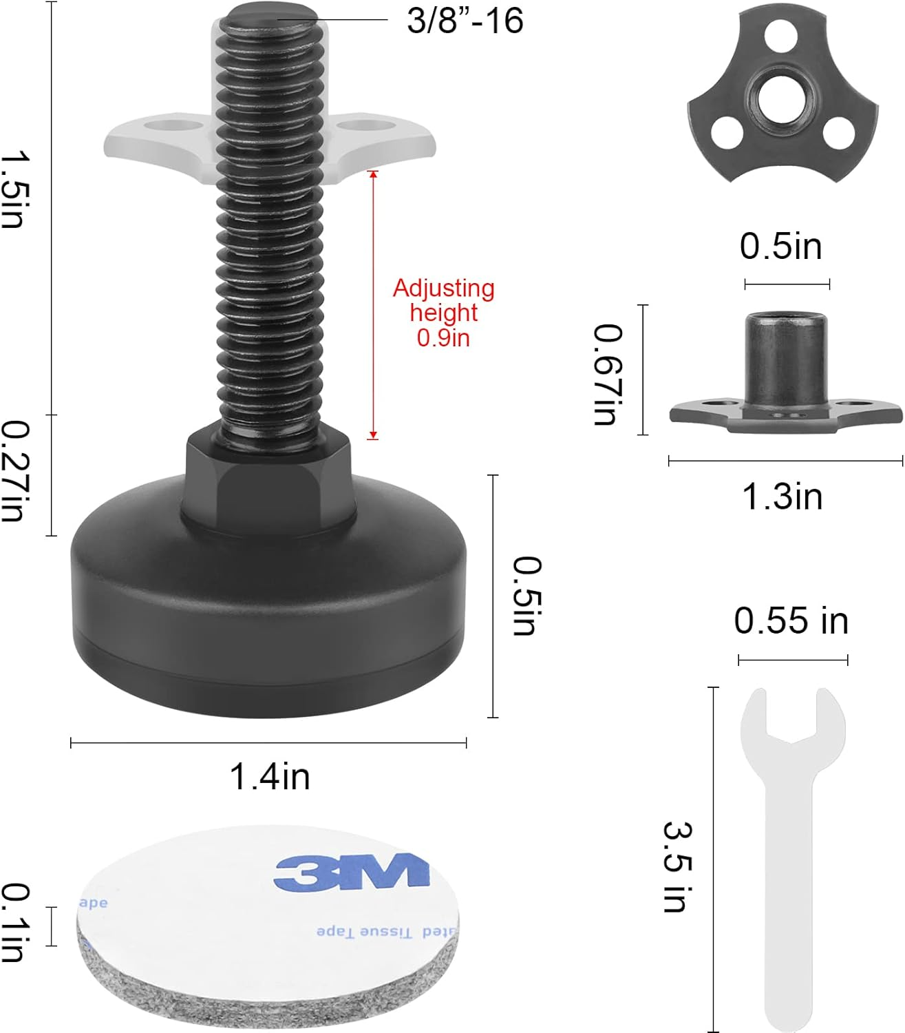 Heavy Duty Furniture Levelers 3/8''-16 Thread W/ T-Nut Kit Furniture Leveling Feet Adjustable Furniture Levelers for Tables,Cabinets,Chairs,Workbench,Sofa and More,Large Base Supports 1320Lbs-4 Packs image number 5
