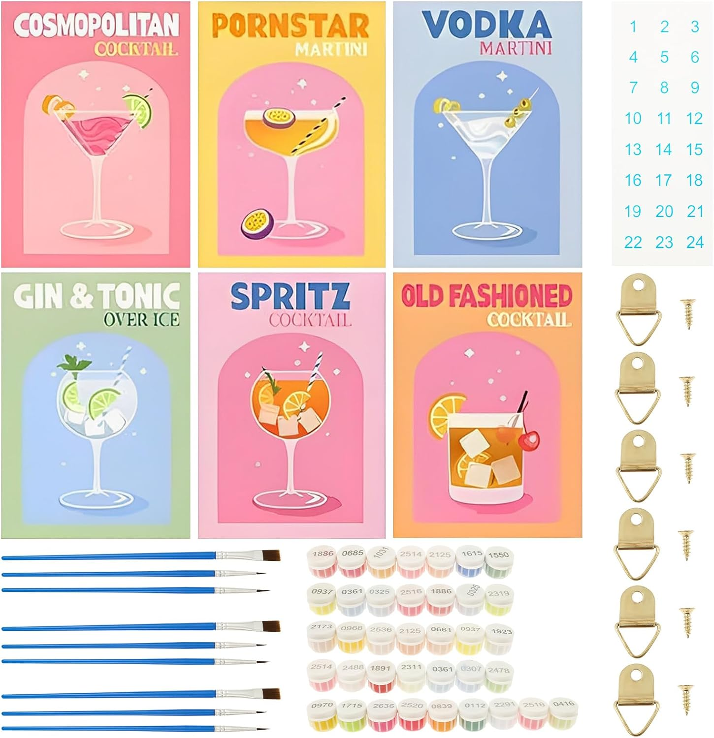 Fwqofvk 6 Packs Oil Painting Set by Numbers with Brush and Acrylic Paint, Linen Canvas Cocktail Theme Painting for Home Decor Present for Art Lover 37.5&times;27.5 Cm (Style 2)