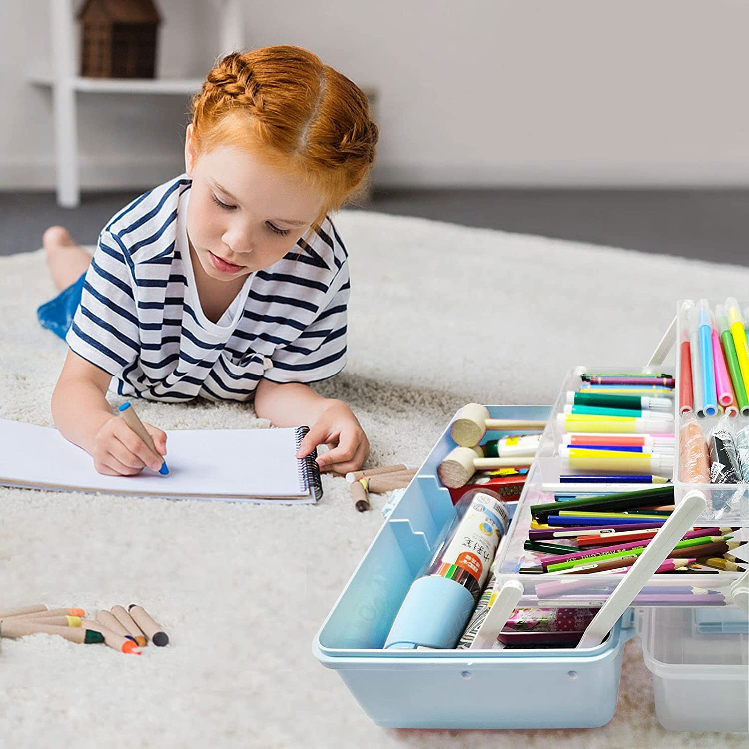 Craft Box, 13 Inch 3 Layers Multipurpose Craft Organizer and Storage Cabinet, Art Supply Storage for Sewing, First Aid and Cosmetic, Portable Handled Storage Box for Home, School, Office image number 6