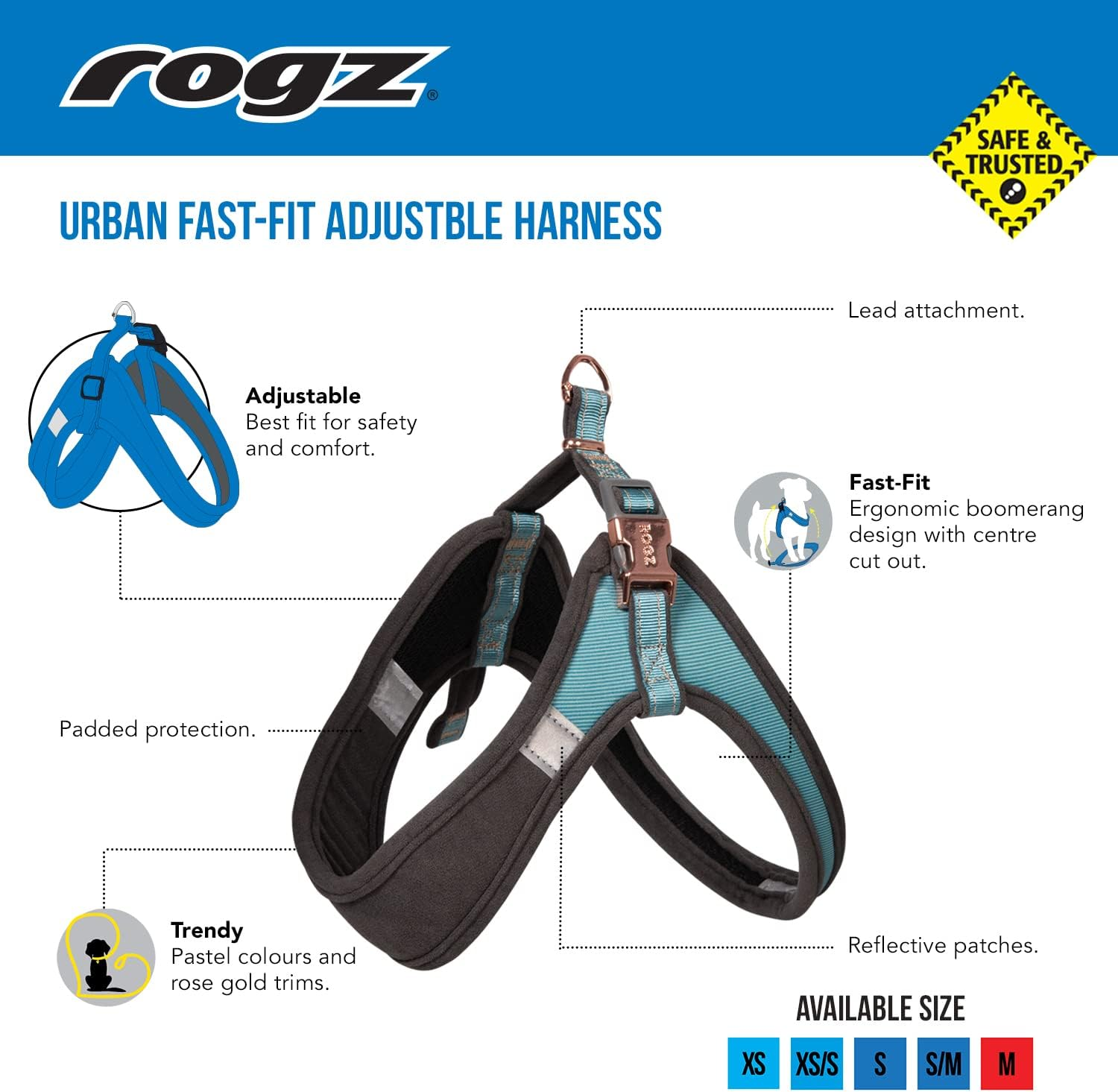 Rogz Classic Urban Adjustable Quick Fit Boomerang Dog Harness Turquoise Medium