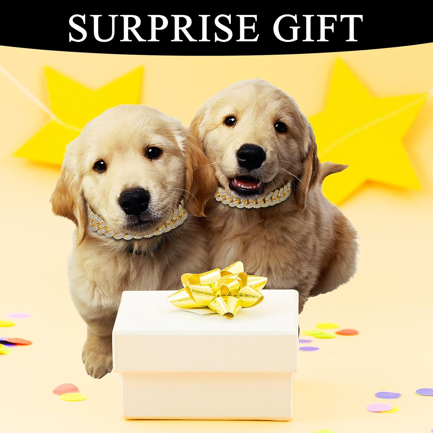 Gold Dog Chain Collar Diamond Cuban Link Dog Collar, 16Mm Wide Dog Necklace Metal Cat Chain Pet Crystal Collar Jewelry Accessories with Design Secure Buckle for Small Medium Large Dogs Cats(10Inch) image number 1