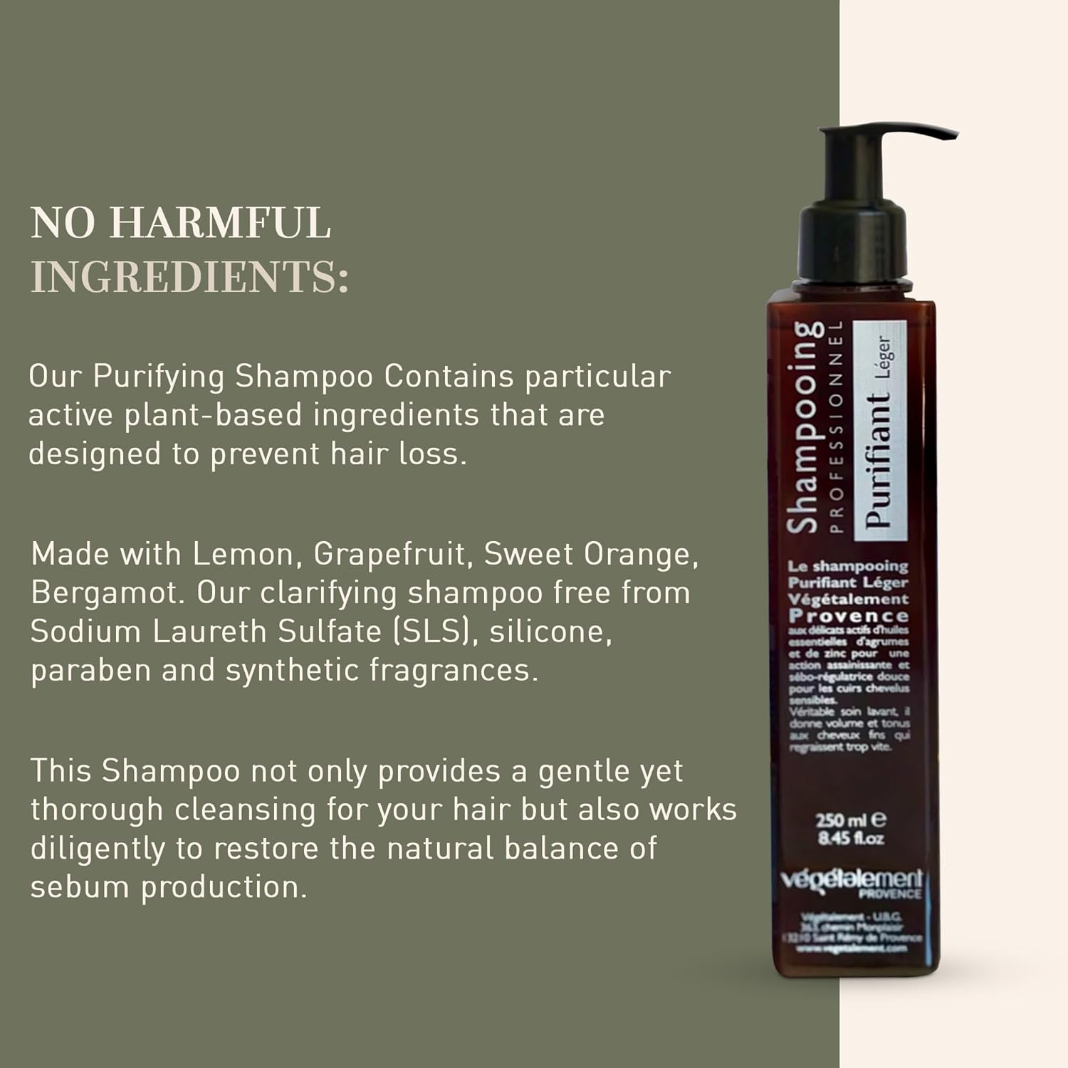 VEGETALEMENT ORGANIC Light Purifying Freshness Shampoo, Volumizing and Body Shampoo Ph-Balanced, Clarifying Shampoo for Thin Hair Plant Based, Cruelty Free, Lemon, Grapefruit and Sweet Orange (250Ml) image number 3