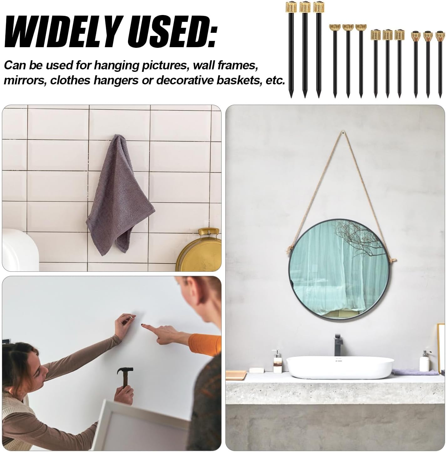 120Pcs Picture Hanging Nails, Steel Pin & Brass Head Picture Frame Nails with Plastic Box 4 Size Picture Decorative Hangers for Pictures Mirrors Baskets image number 5