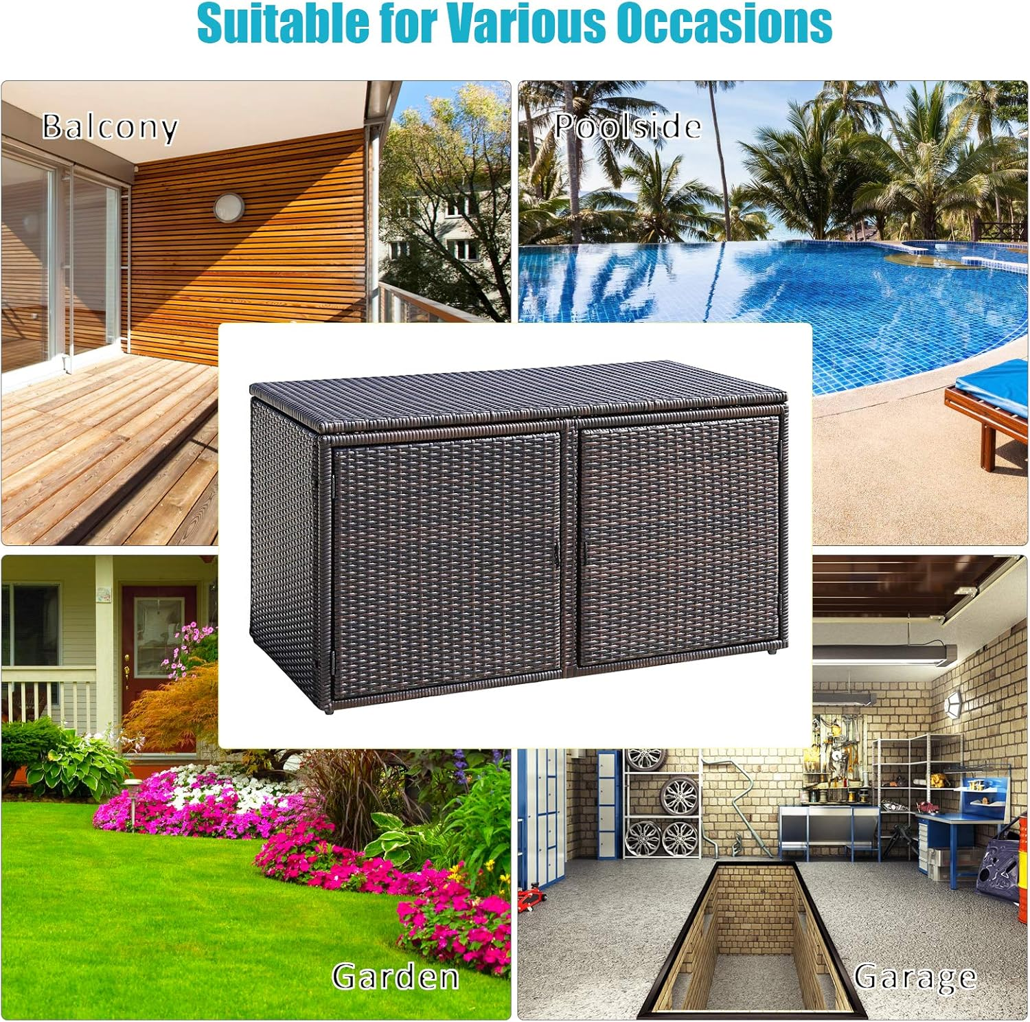 Costway Indoor Outdoor Storage Box, 330L Garden Deck Box with 2 Storage Shelves, Cover and Doors, Weather-Resistant Storage Cabinet with Steel Frame for Gardening Tools, Accessories and Toys (Brown) image number 3