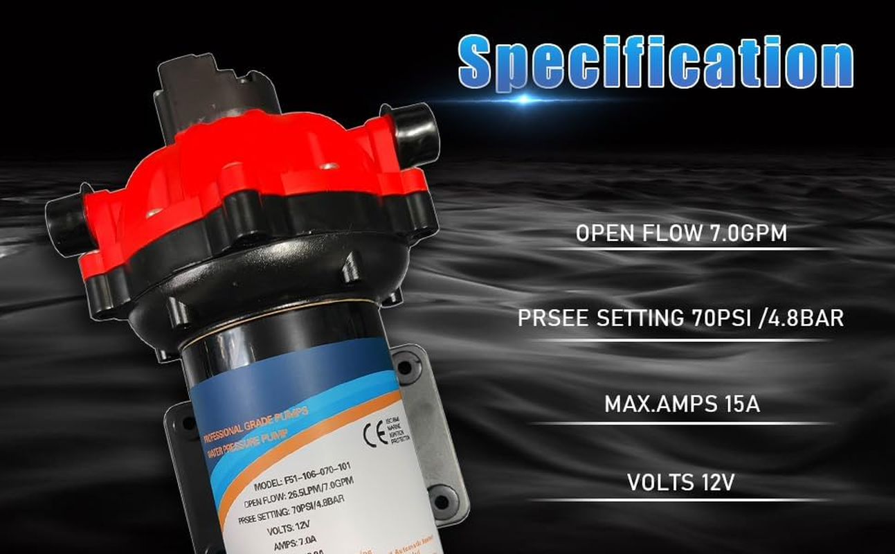 RV Fresh Water Pump 7GPM 70PSI, 12V DC Water Pump, Five Chamber Self-Priming Diaphragm Water Pump with Heavy Duty Pressure Switch and Strainer Replacement for RV, Marine, Yacht, Caravan AKWH image number 5