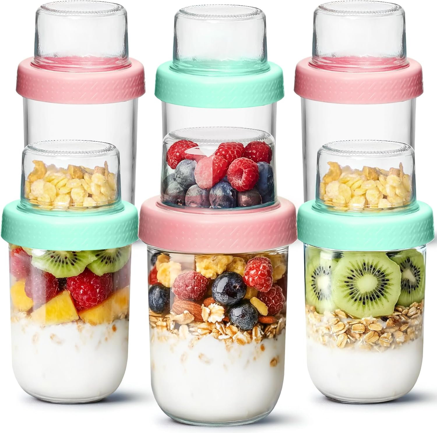 Comsaf 4 Pack 16Oz Overnight Oats Container Jar with Lids, Dual-Laryer Chia Pudding Jars with Dry and Wet Separation, Yogurt Parfait Cups for Oatmeal Cereal Nut Fruit, Meal Prep Glass Jars for Salad