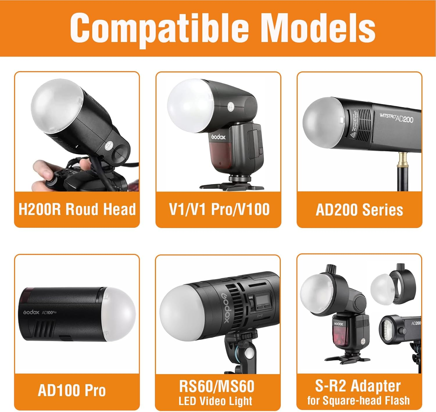 Godox AK-R11 Dome Diffuser for GODOX V100 V1Pro V1 AD100PRO Flash, Compatible with AD200PROII AD200PRO AD200 While Using the H200R round Flash Head, Provides 180-Degree Soft Quality of Light image number 1