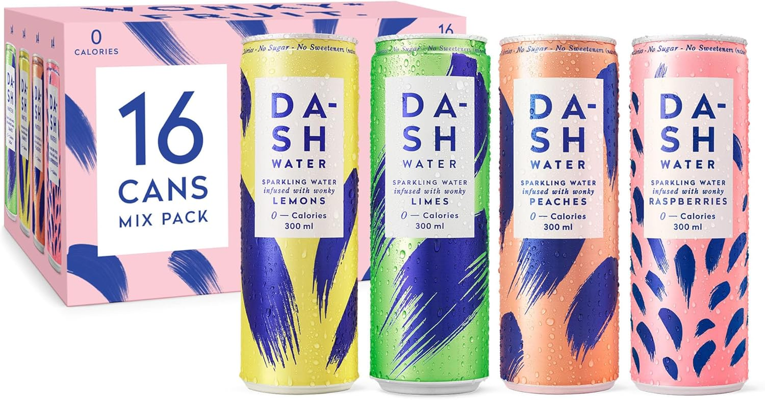 Dash Water Variety Pack - 16 X Flavoured Sparkling Spring Water - Peach, Lime, Raspberry & Lemon - Infused with Aussie Wonky Fruit (16 X 300 Ml Cans)