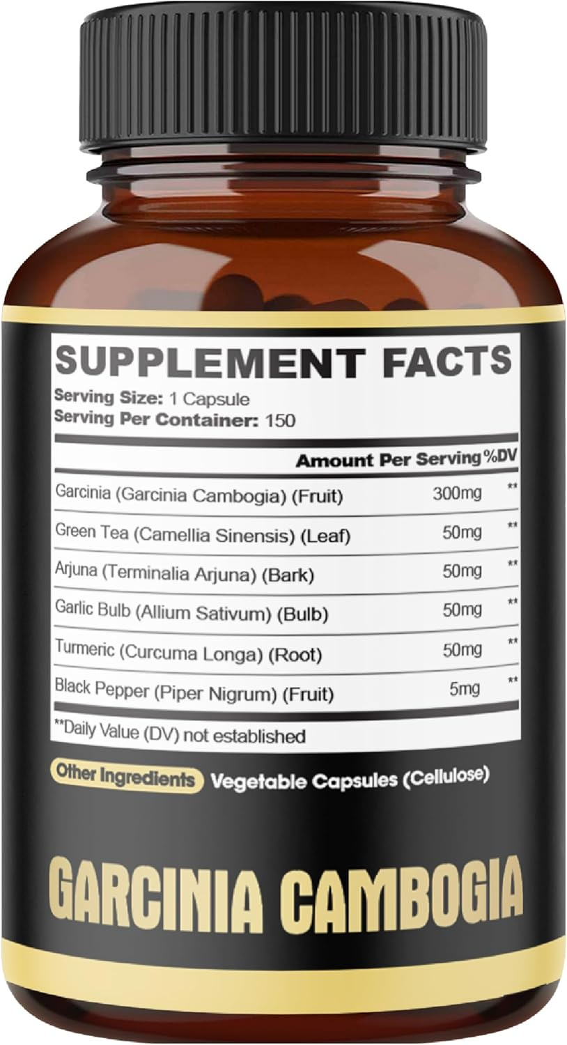 Garcinia Cambogia Extract Capsules - 6In1 with Green Tea, Arjuna, Garlic, Turmeric, Black Pepper - 8550Mg 150 Counts 5 Months - Body, Digestive & Immune Support