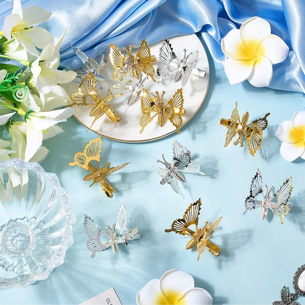 SOFPLATE Pack of 12 Retro 90S Butterfly Hair Clips Moveable Butterfly Hair Clips Made of Metal Crocodile Clips Gold/Silver Vintage Hair Accessories for Women Prom Wedding Everyday Dress