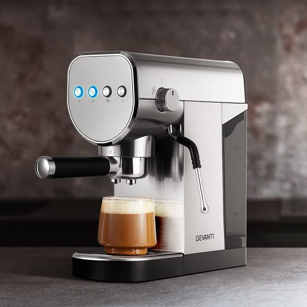 Devanti Coffee Machine, 20 Bar Barista Express Espresso Maker Pod Cafe Cup Latte Cappuccino Milk Frother Machines, with Powerful Pressure Pump Removable Drip Tray and Water Tank Stainless Steel image number 1