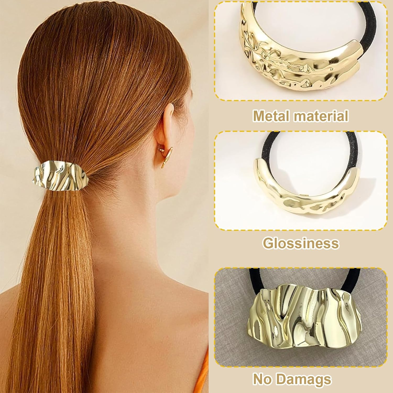 ASOMI Pack of 3 Metal Hair Bobbles, Metal Hair Cuffs, Elastic Hair Band, Geometric Golden Scrunchies Hair Scrunchies Holder, for Women and Girls image number 6