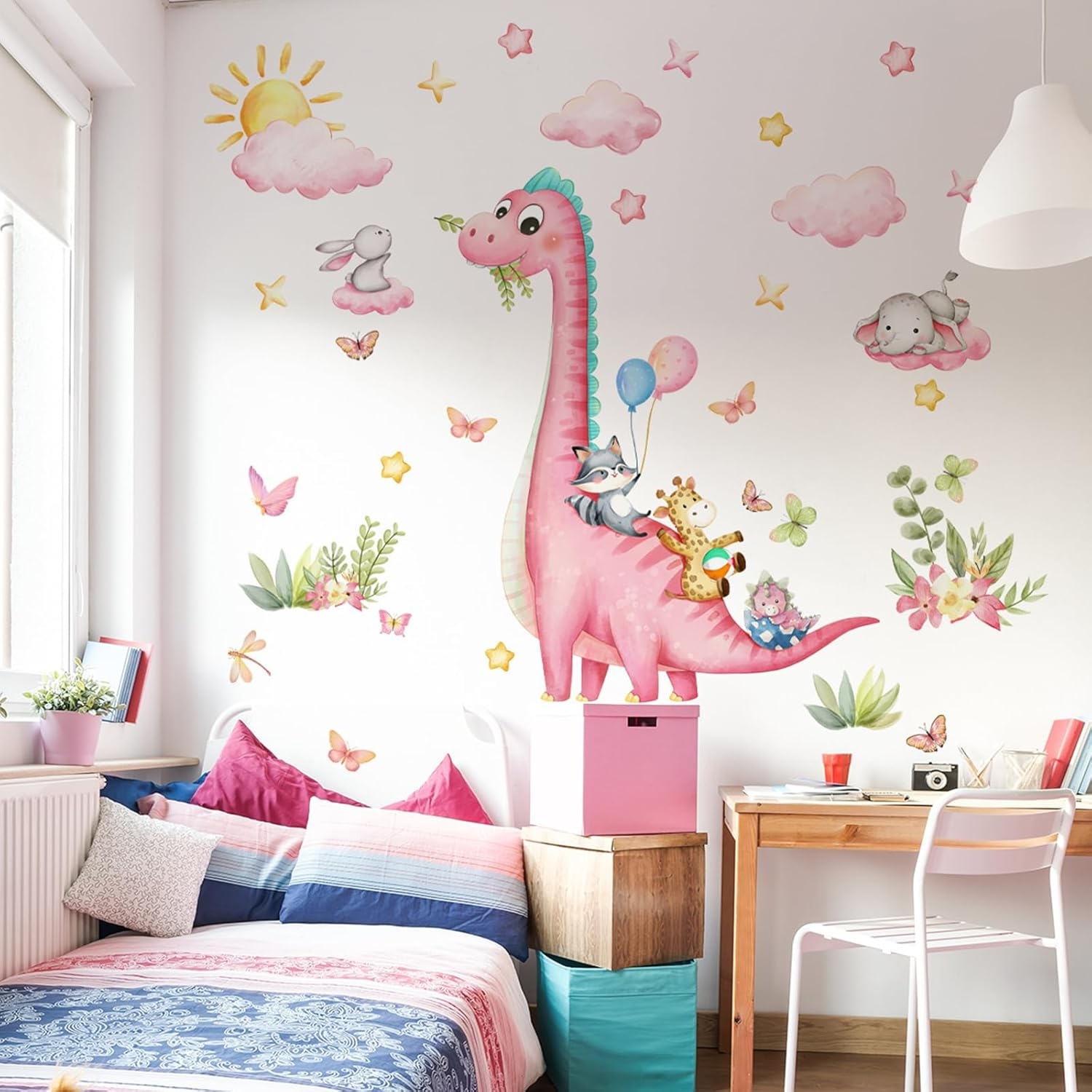 Pink Dinosaur Wall Decals Girls Room Pink Cartoon Animals Wall Stickers Peel and Stick Wall Art for Kids Bedroom Living Room Nursery Playroom Classroom Wall Decor