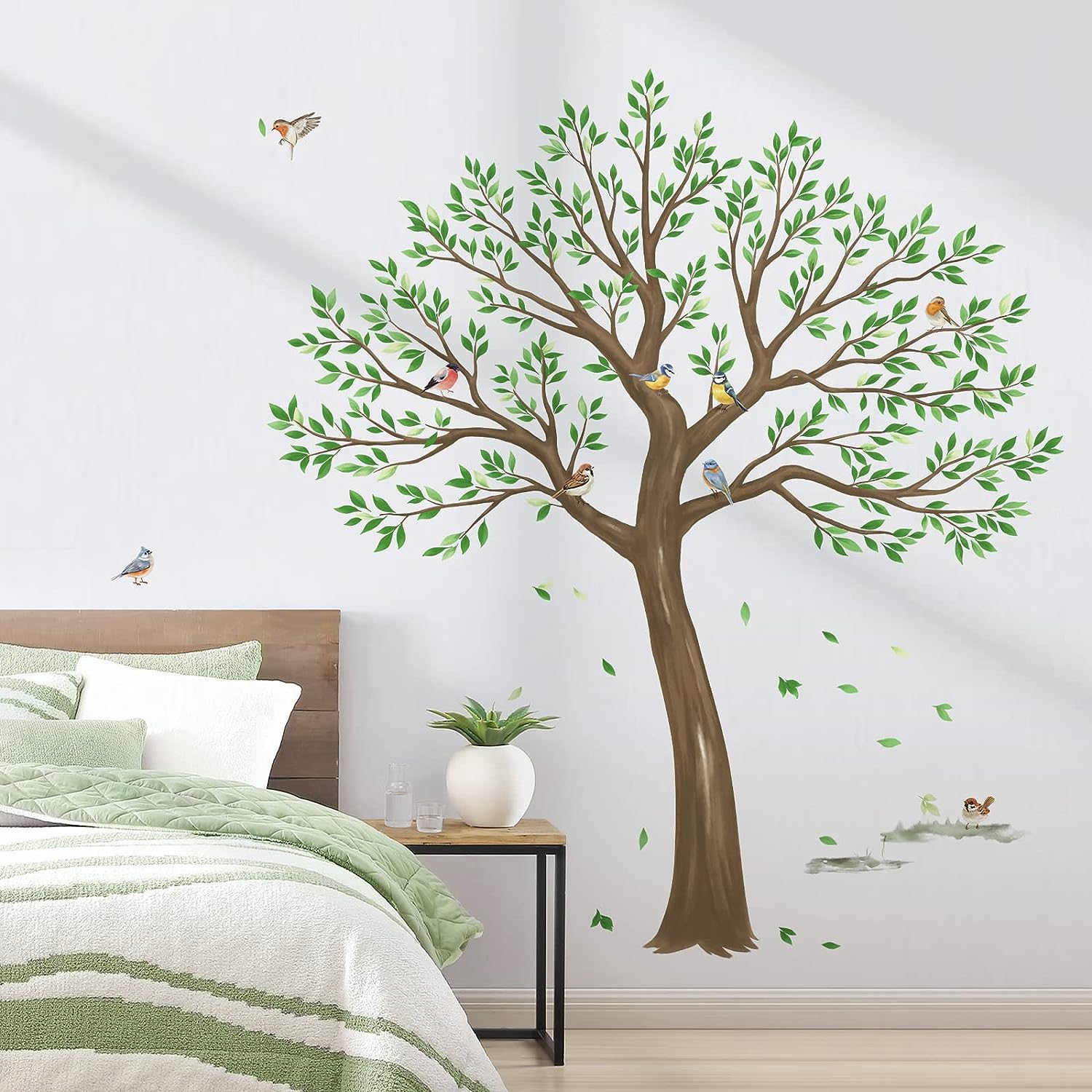 Wondever Large Tree Wall Stickers Green Leaves Birds Peel and Stick Wall Decals for Living Room Bedroom TV Wall (H: 63Inches) image number 4
