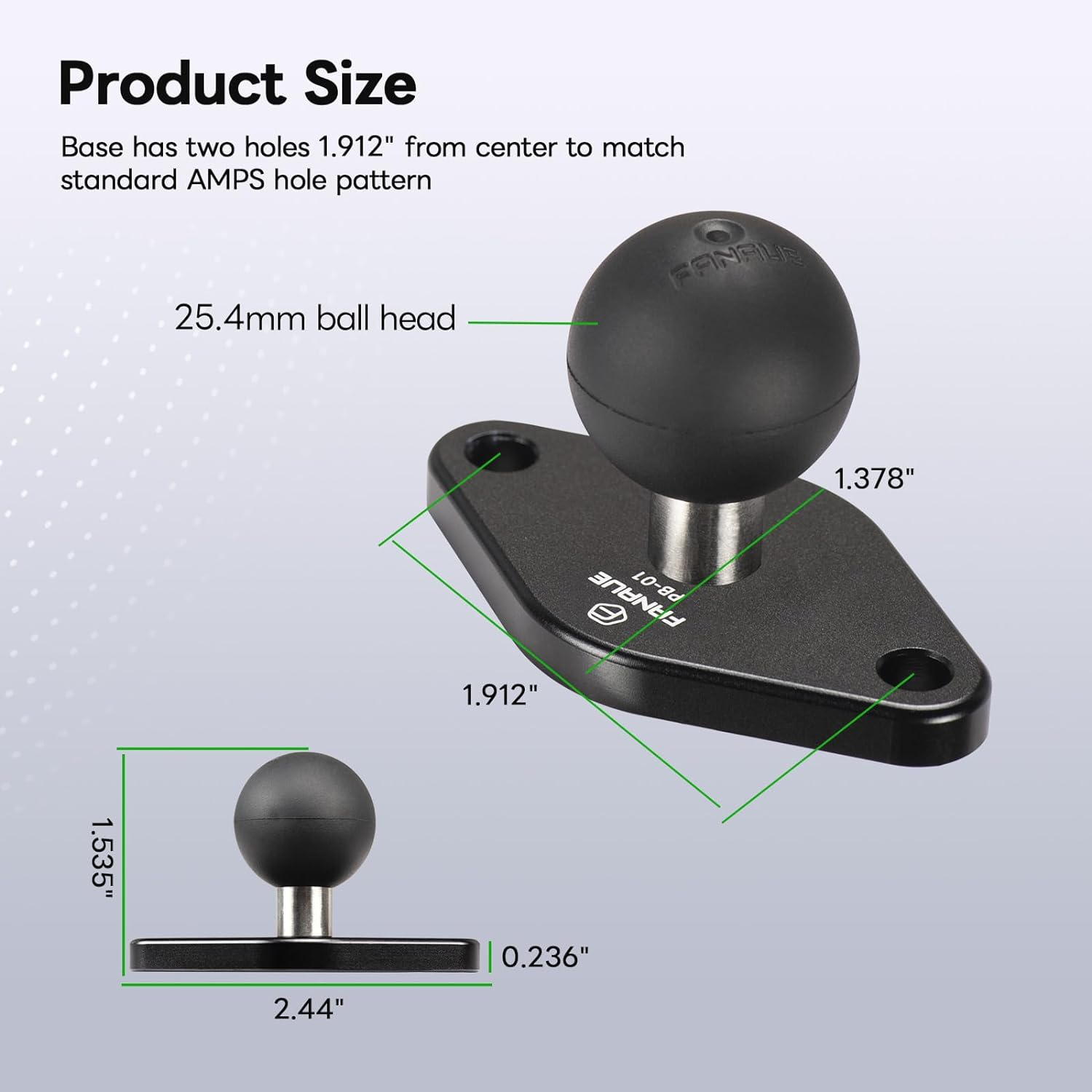 FANAUE Aluminum Alloy 1 Inch Ball with Diamond Mount Base, Compatible RAM Mounts B Size Double Socket Arm and Bike Motorcycle Phone Holder, Industry Standard AMPS Hole 1.912'' image number 4