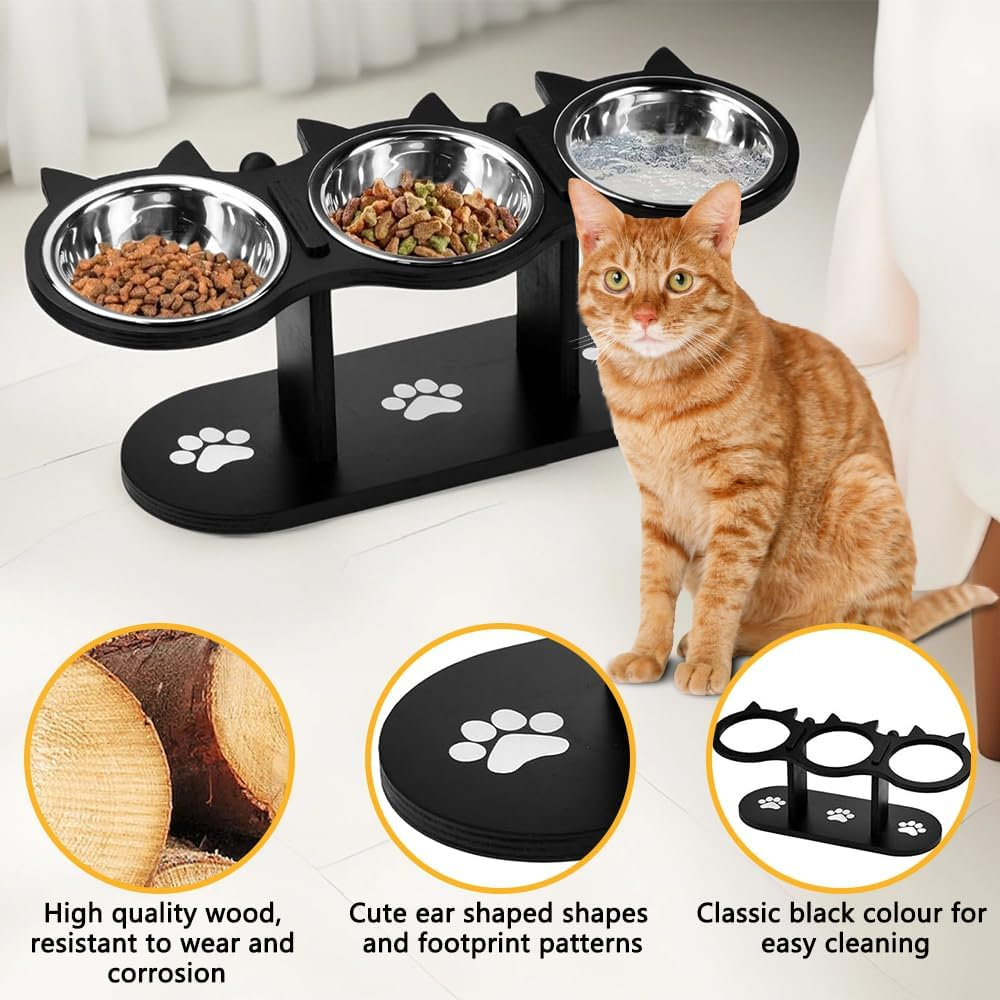 Cat Bowls Elevated, Raised Cat Food Bowls, Adjustable Heights Cat Food and Water Bowl with Black Shelf, 3 Stainless Steel Cat Dishes for Food and Water