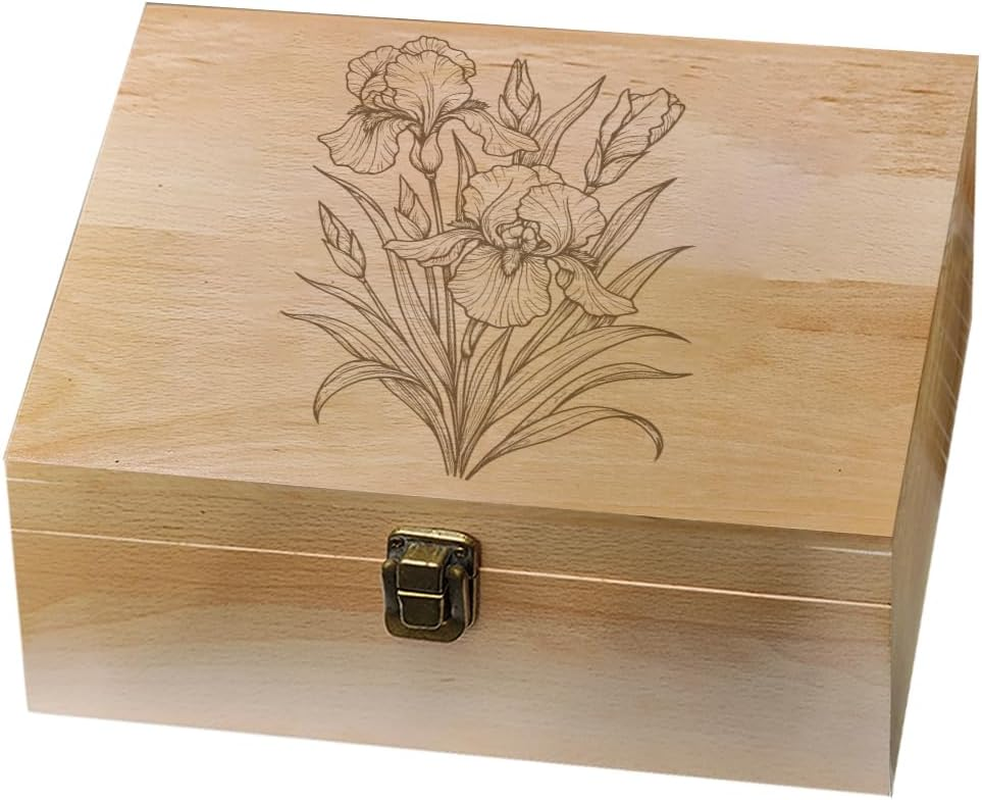 Arricraft 1 Pc Wooden Memory Keepsake Box, Sketch of an Iris Pattern Storage Decorative Memory Wooden Box with Hinge Lids for Photos Dvds Letters Holding 24.5X19.5X10.3Cm image number 2