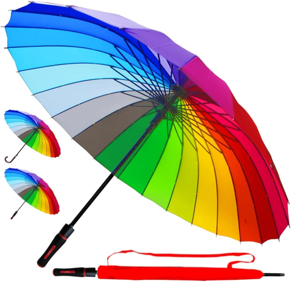 60MPH Windproof 24 Rib Large Strong Rainbow Umbrella - XL Automatic Heavy Duty Golf Umbrella for Rain and Wind - 3 Layer Frame - Choice of 2 Handles - Best for Most Ribs