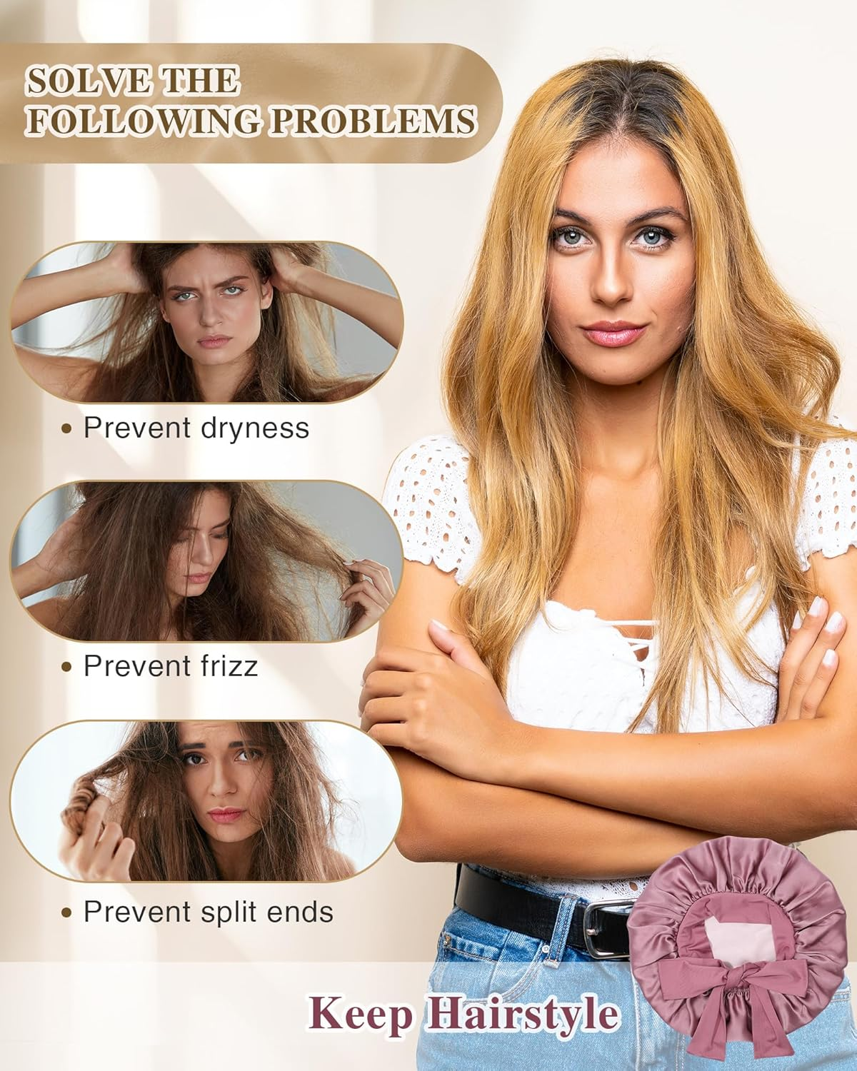 Silk Bonnet for Sleeping 100% Mulberry Women Double Layer Silk Sleep Cap with Adjustable Elastic Band Silk Hair Wrap - Champagne+Off-White image number 4