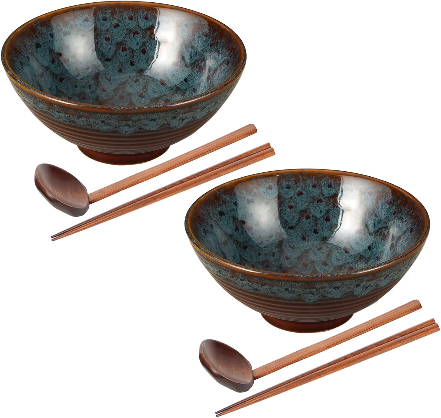 Ceramic Japanese Style Ramen Bowl Set with Chopsticks,8 Inch 40 Oz Pho Bowls & Asian Soup Bowl and Spoons Set for Udon Noodle,Soba,Miso Soup,Set of 2 (Blue)