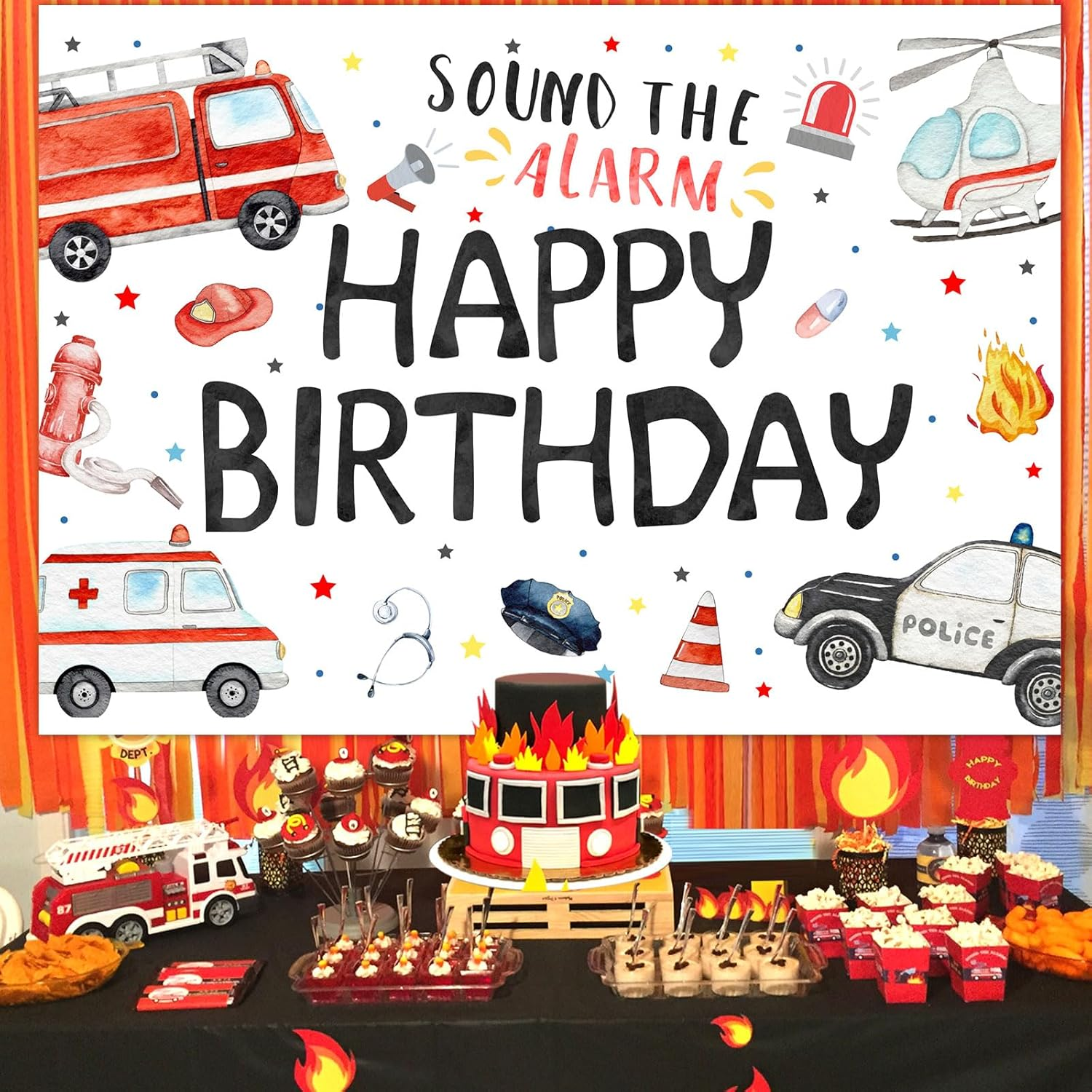 Wonmelody 7 * 5Ft Emergency Birthday Decorations Backdrop Happy Birthday Sound the Alarm Backdrop Banner Rescue Vehicle Birthday Party Supply Team Rescue Backdrop First Responder Transportation Party