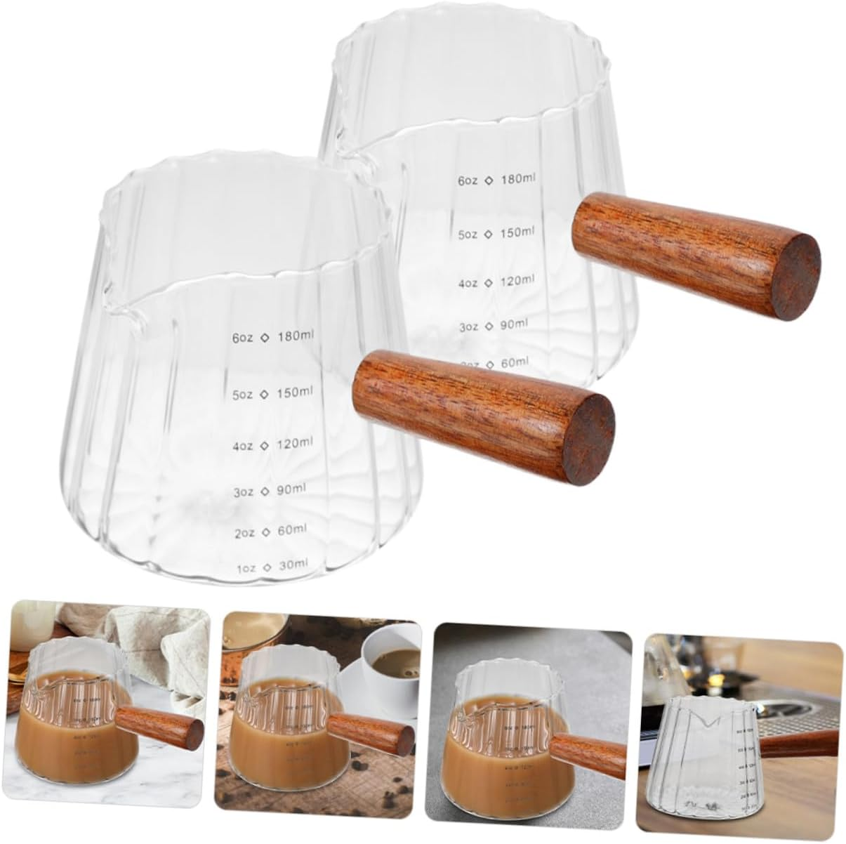 GLEAVI 2Pcs Glass Espresso Measuring Cups with Wooden Handle Milk Frothing Pitchers for Coffee Portion Control Heat-Resistant Mixing Jugs for Home Bar image number 5