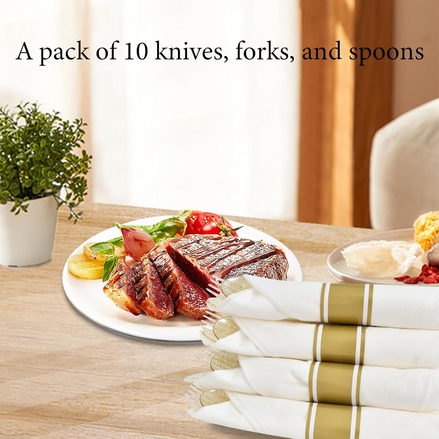 10 Pack Plastic Cutlery Set, Elegant Plastic Silverware Set, Reusable Flatware Set, Tableware Party Cutlery, Camping Cutlery Combo with Spoon Knife Fork Sets Wrapped in White Napkin (Gold) image number 3
