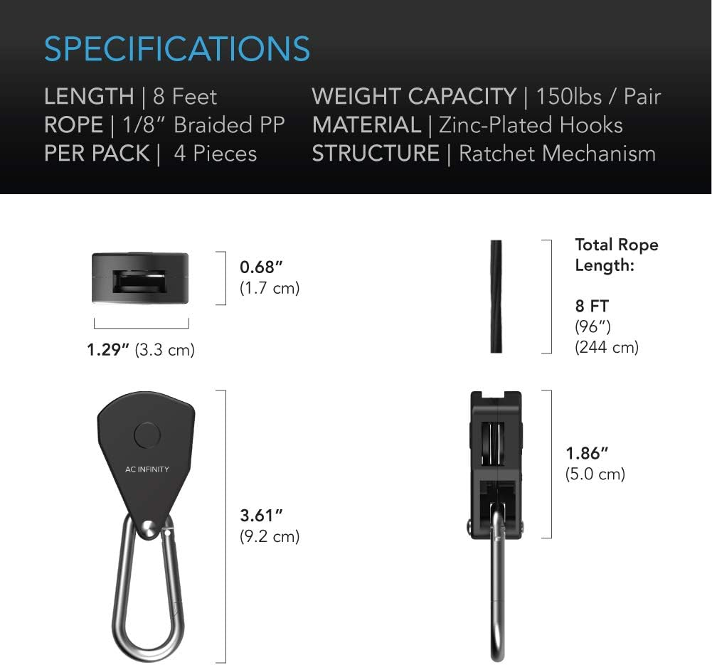 AC Infinity, Adjustable 1/8&rdquo; Rope Hanger, Heavy-Duty Stainless Steel Gears Ratchets, 150 Lbs Weight Capacity, 2 Pairs image number 1