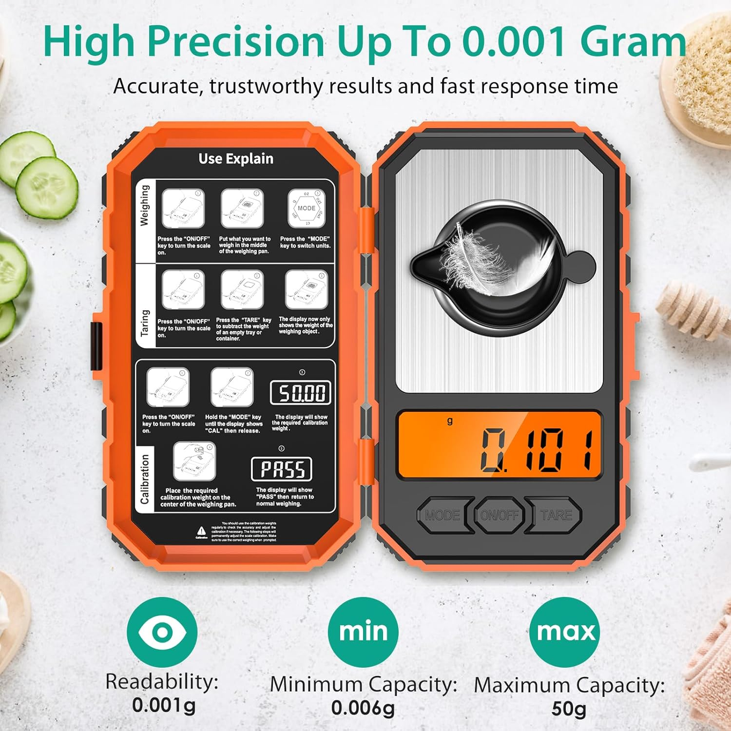 ORIA Digital Pocket Scale, 50G/0.001G Professional Milligram Scale, Portable Kitchen Scale with 6 Units, Calibration Weight, Backlight, Tare Function, Mini Scale for Food,Tablets, Jewelry -Orange - Blue image number 6