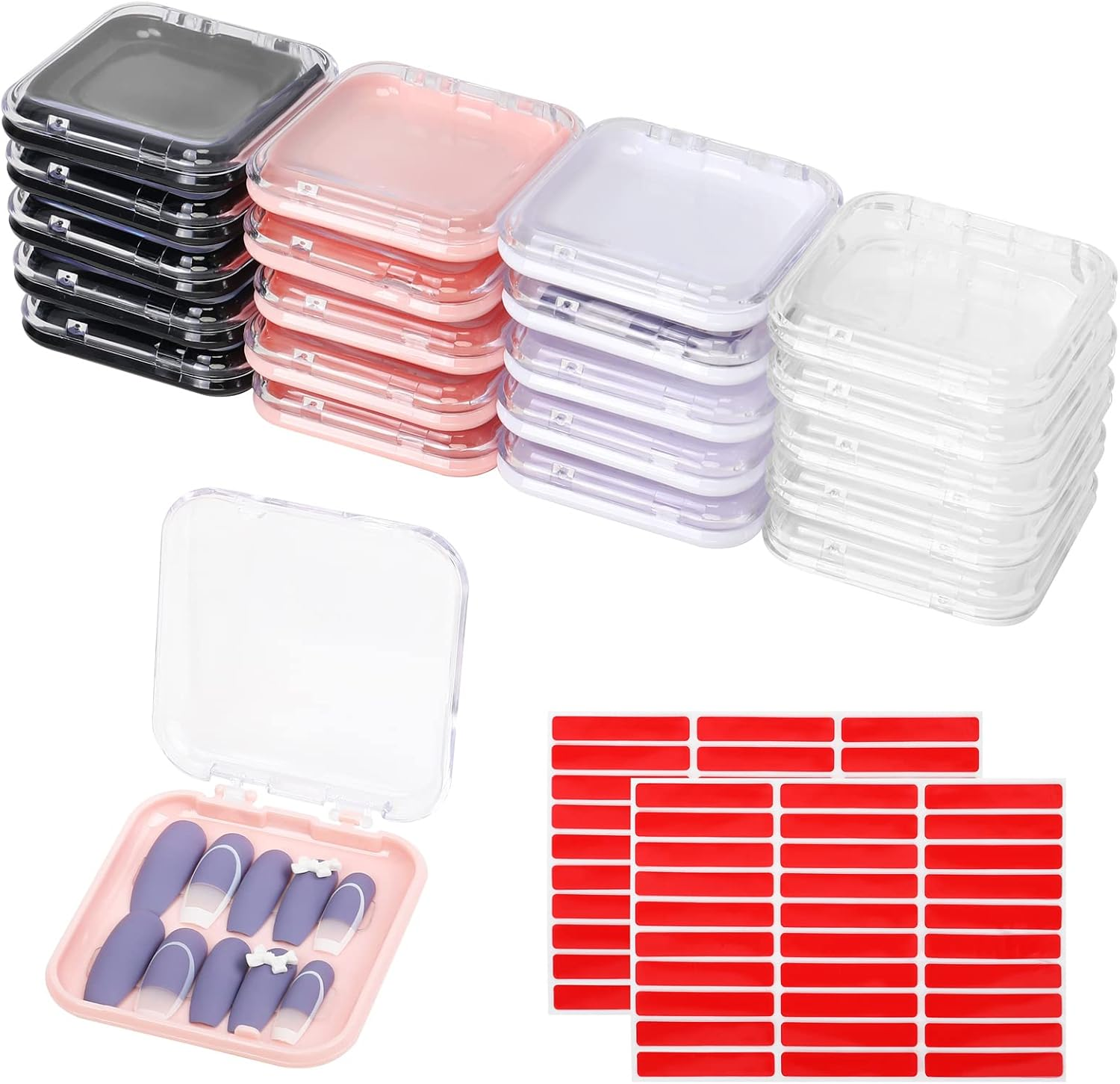 20Pcs Press on Nail Packaging Boxes with 60Pcs Double Sided Adhesive Nail Tape Acrylic Press on Nail Storage Box in 4 Colors Artificial Nail Display Box for Press on Nail Business Nail Art Nail Salon