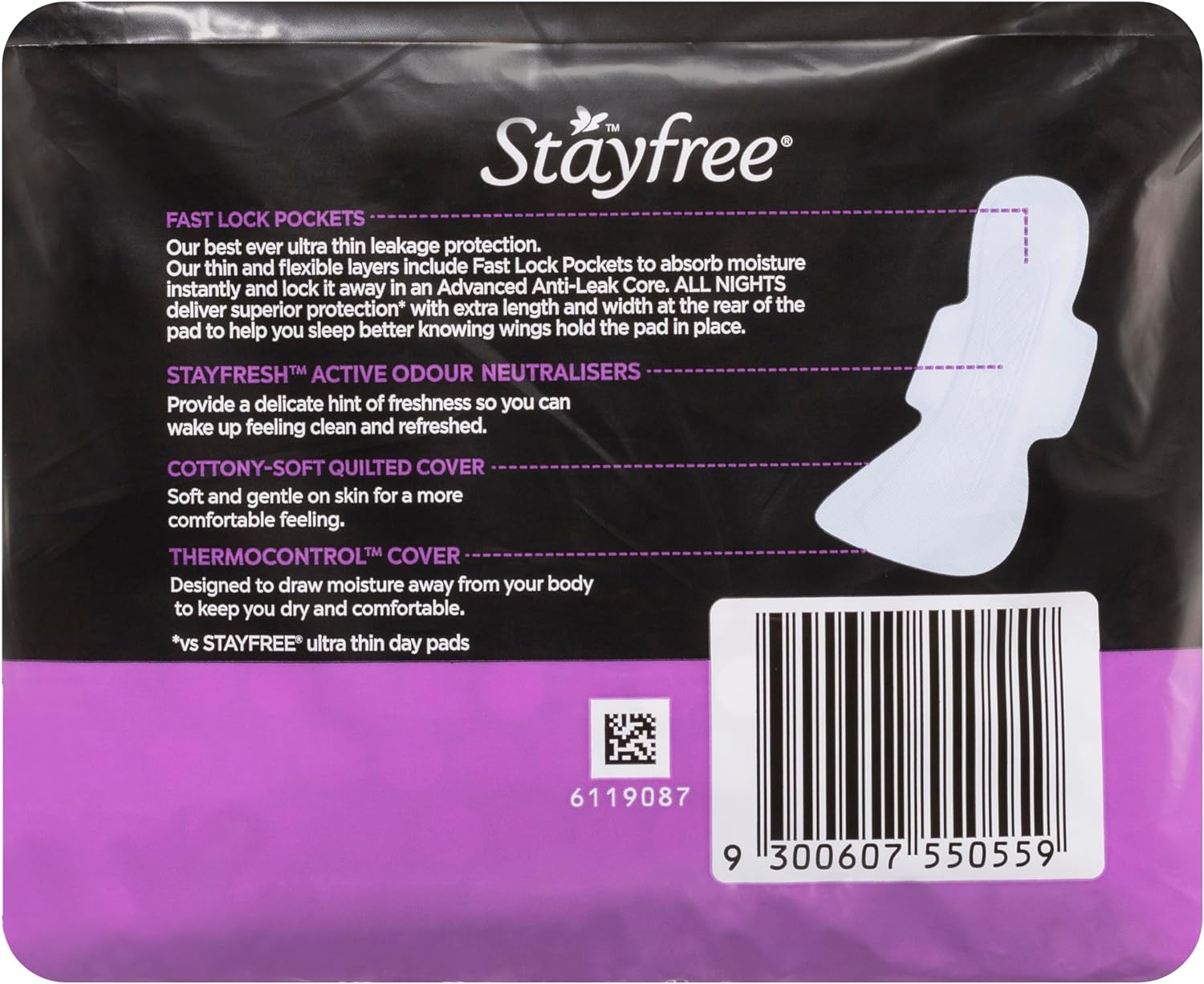 Stayfree Ultra Thin All Nights Pads with Wings 10 Pack | Extra Length & Width to Help Sleep Better |Neutralises Odour|Cottony-Soft Quilted Cover| Keeps Dry and Comfortable image number 4