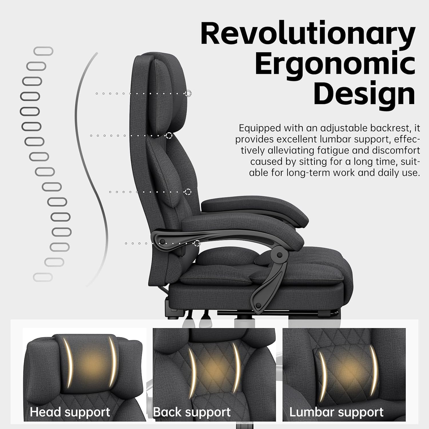 Ergonomic Office Chair, Big and Tall Computer Chair for Adults with Footrest, Fabric Desk Chair with Lumbar Support & Luxury Executive Recliner, High Back, 350LBS, Dark Grey - Deep Grey image number 2