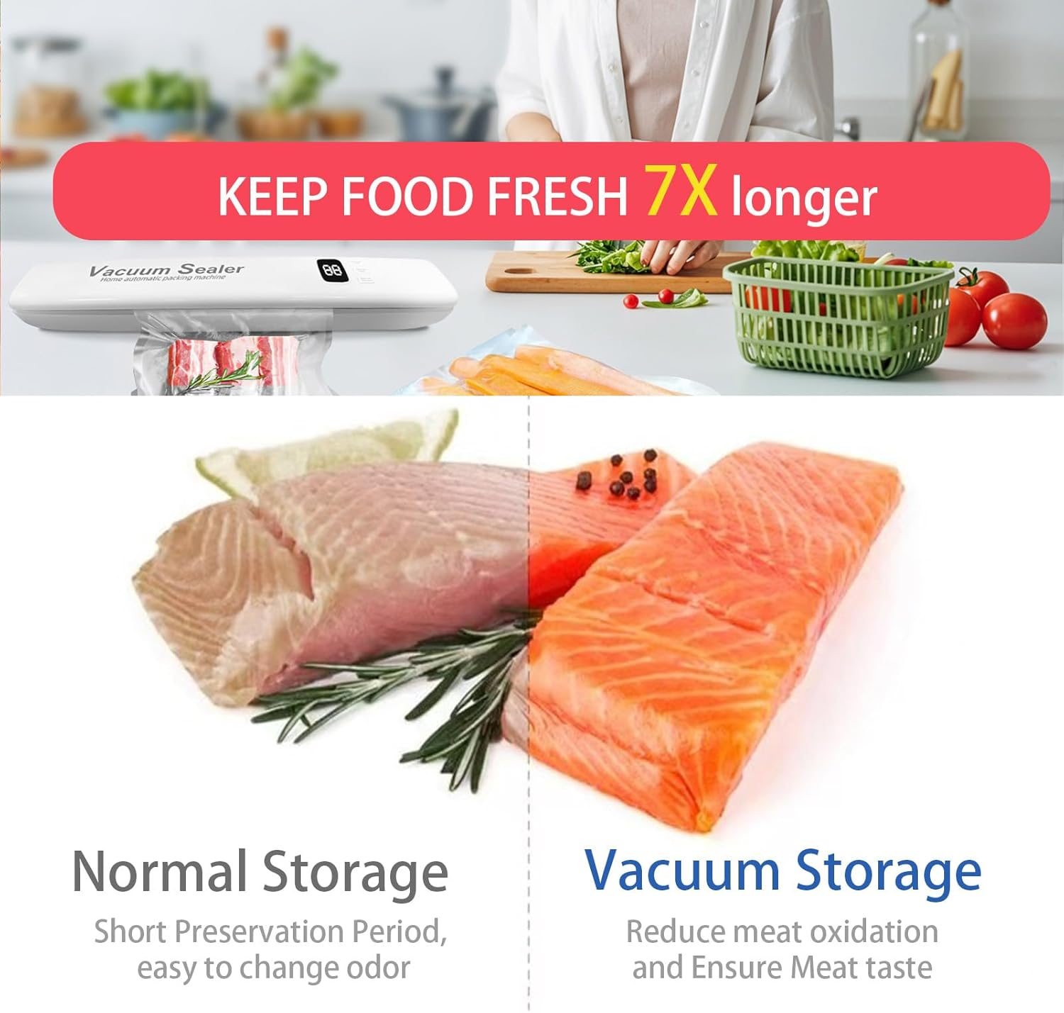 2025 Vacuum Sealer for Food, 60KPA Strong Suction, 3 Modes with Digital Timer, Multi-Functional for Dry/Wet Food, Vacuum Sealing Machine，Multiple Usage and Portable，With 10 Free Vacuum Bags image number 6