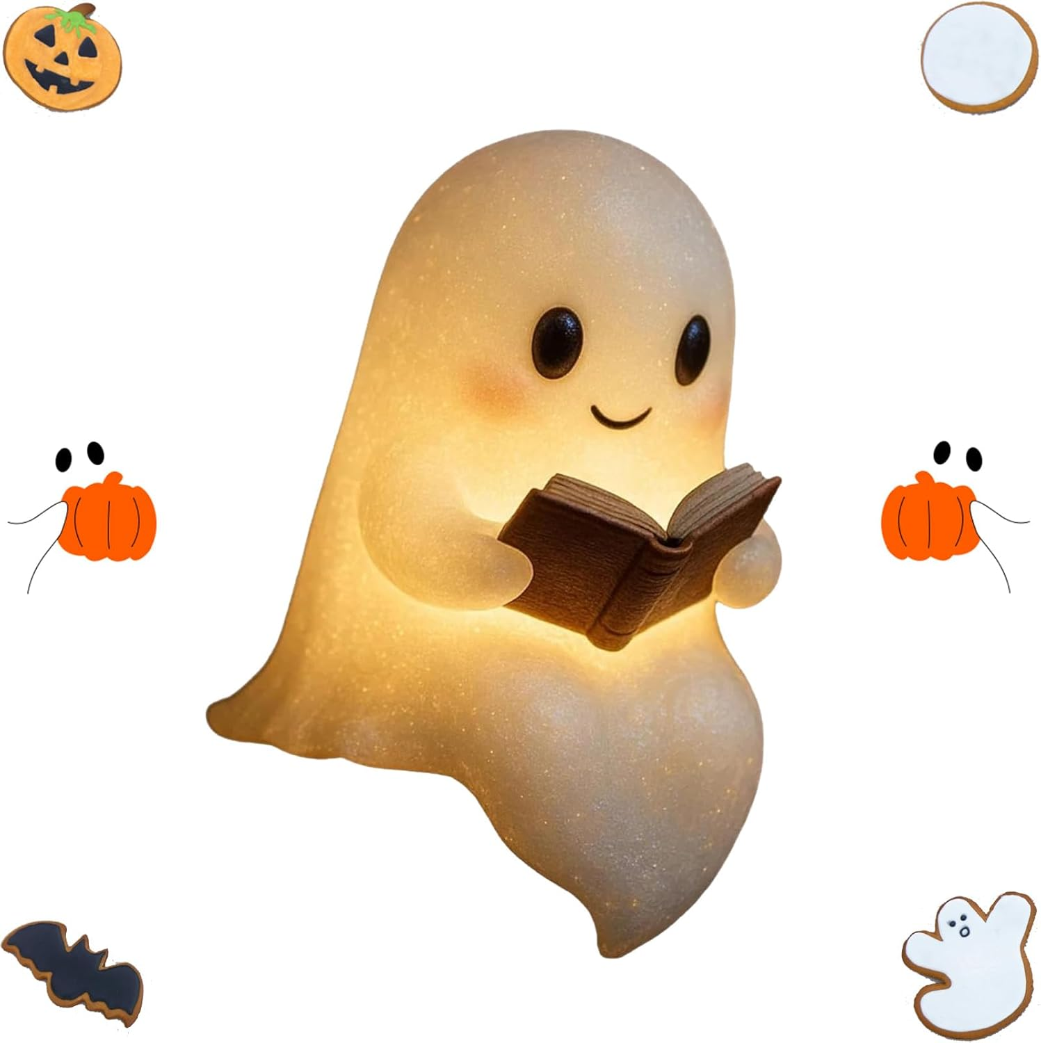 Ghostly Reading Book Lamp, Ghost Warm Lighted Lndoor Figurine Lamps, Adorable Ghost Reading Night Light Halloween Decorlight up Halloween Decor, for Bedroom Study Room, Readers (8.6 Inch) image number 4