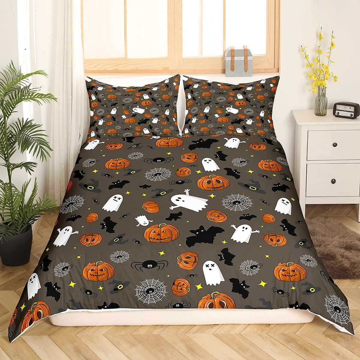 Loussiesd Boys Skull Duvet Cover Pumpkin Lantern Bedding Set for Kids Teens Halloween Horror Ghosts Bats Decor Brown Quilt with 2 Pillowcases 3Pcs Bedding Double Boys image number 1