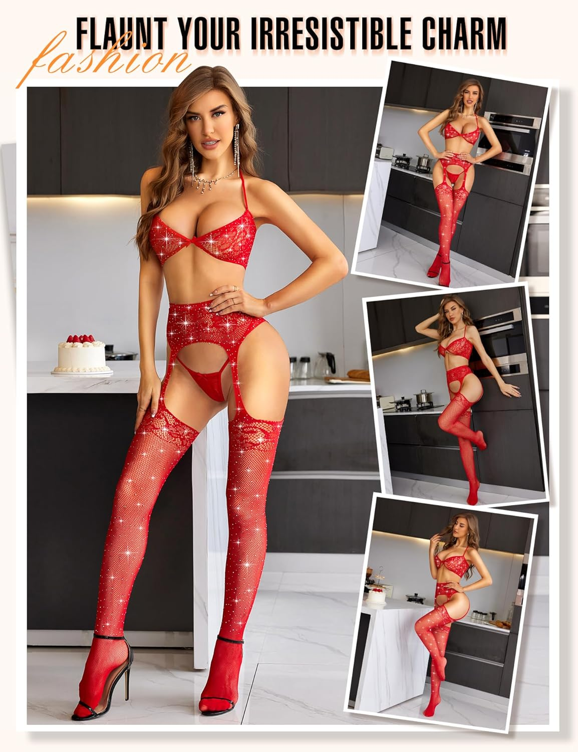 RSLOVE Bodystocking Lingerie Sets for Women - Sexy Fishnet Garter Belt Stocking Womens Bra and Panty Sets 3 Piece One Size image number 2