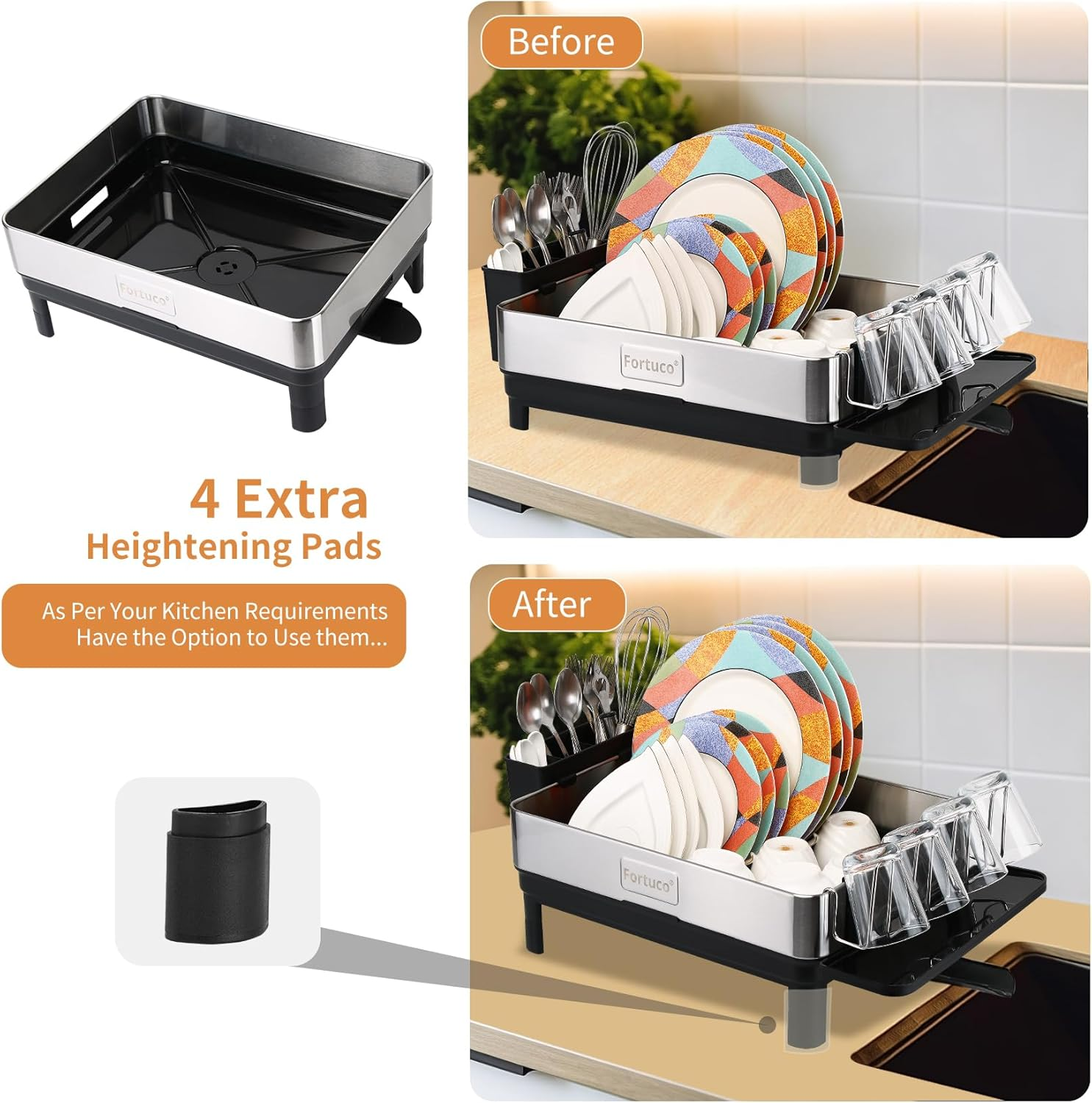 Fortuco&reg; Premium Dish Drying Rack &ndash; Stainless Steel Dish Rack for Kitchen &ndash; Space-Saving Kitchen Organiser & Drying Rack &ndash; Durable Accessories for Easy Dish Storage &ndash; Silver image number 2