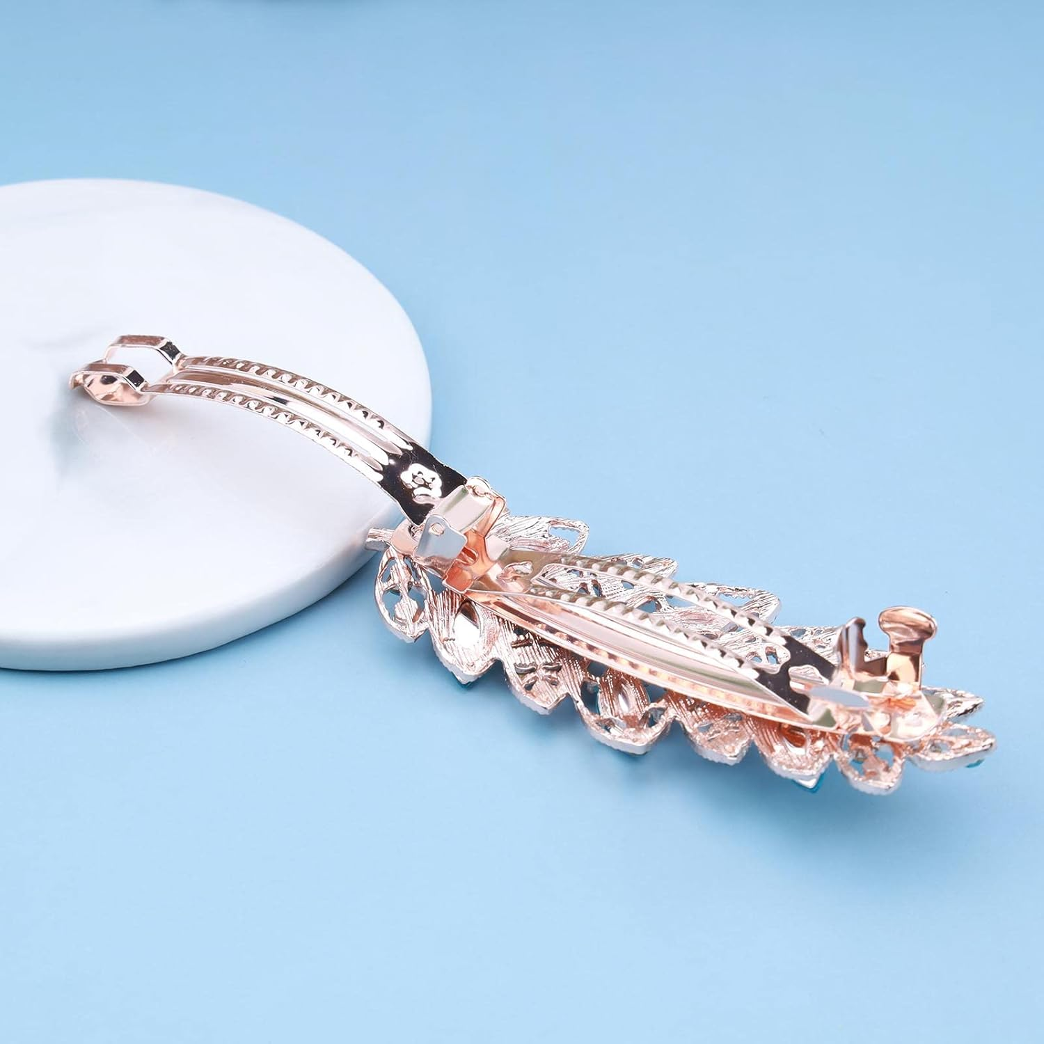 Wendalern Wedding Rhinestone Hair Clips Blue Leaf Hair Clip Crystal Hair Clips Headwear Gold CZ Leaf Hairpiece Decorative Hair Accessories for Women and Girls image number 2