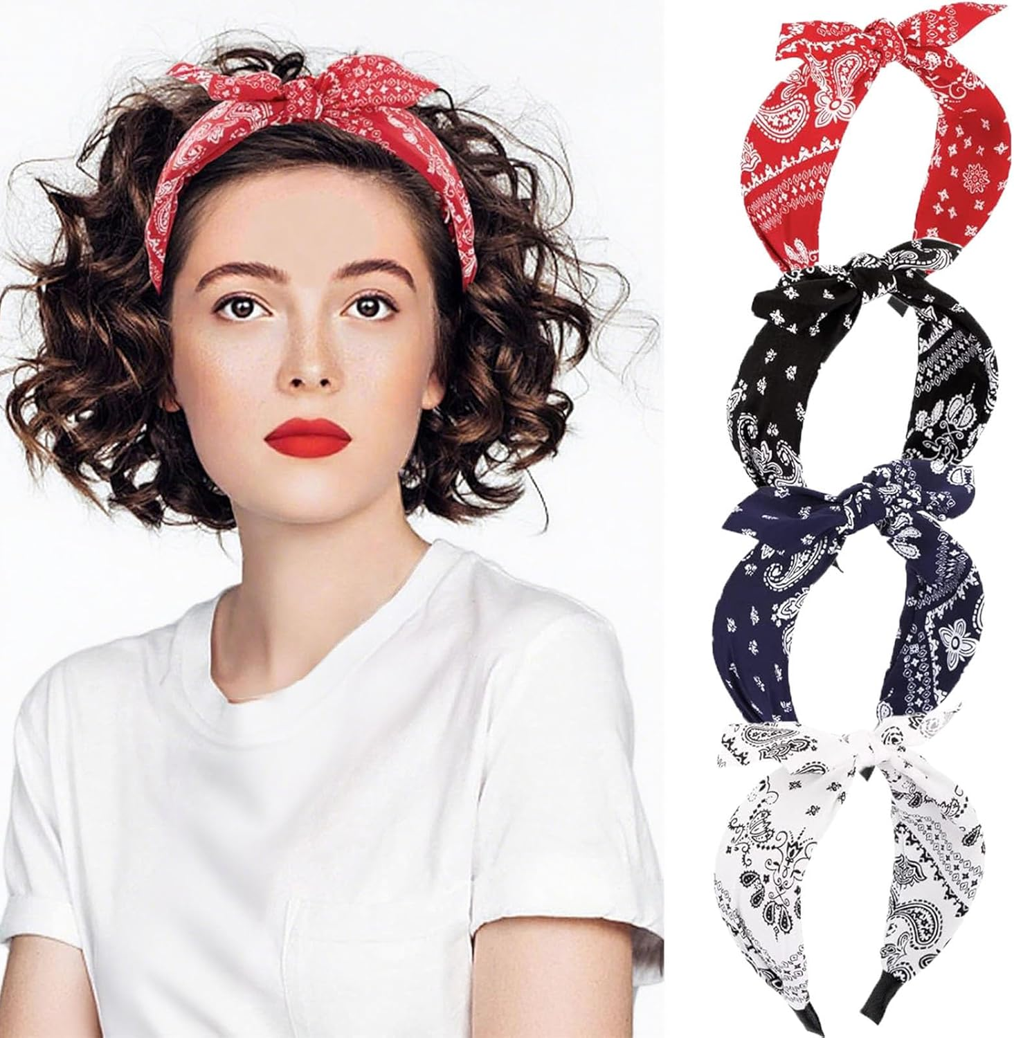 Pack of 4 Wide Paisley Headbands, Bow Hair Bands, Vintage Headband with Knots, Rockabilly Headbands, Turban, Elastic Hair Bands, Non-Slip Hair Accessories, Hair Accessories for Women and Girls image number 4