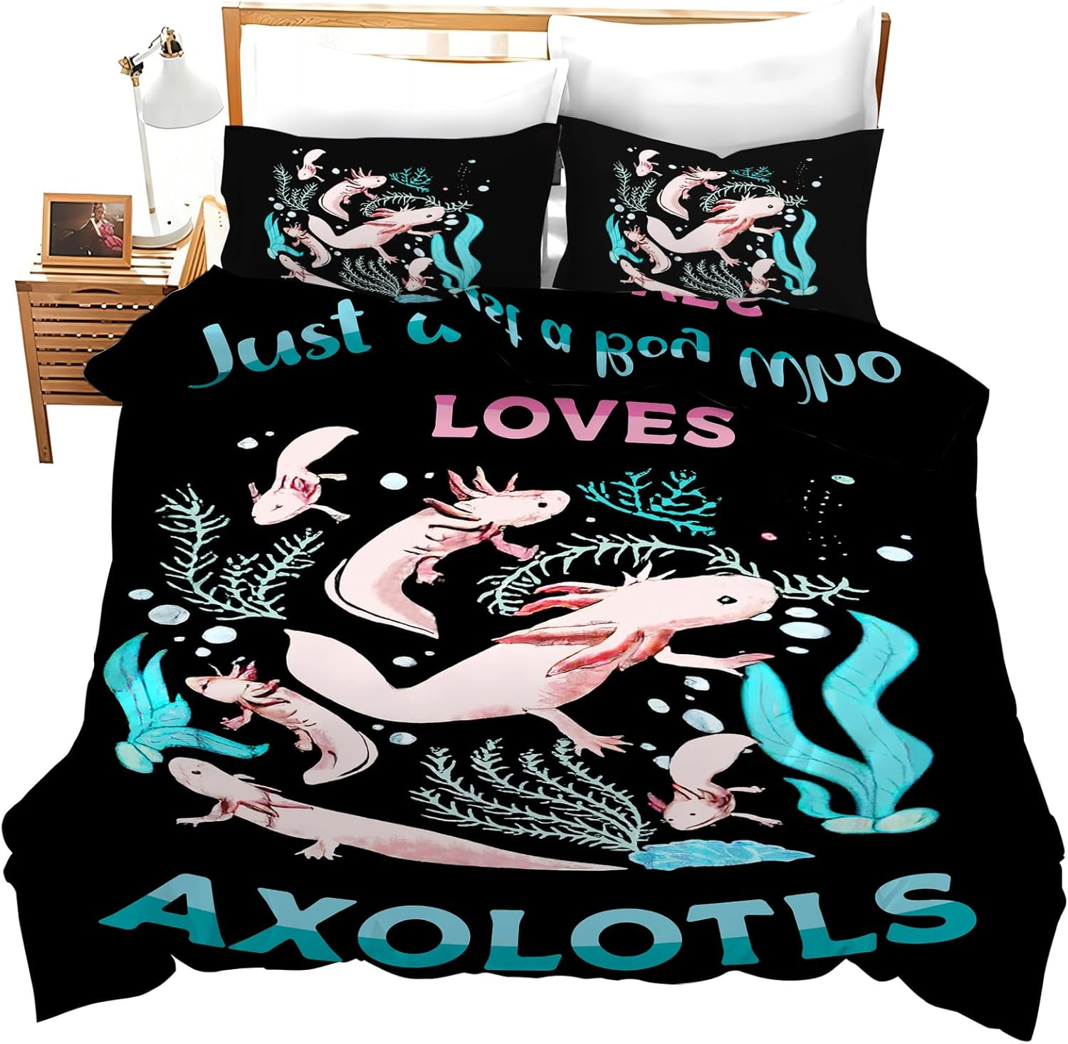Cute Salamander Comforter Set Kawaii Axolotl Duvet Cover Axolotl Bedding Set Twin Full Queen King Size Animals Quilt Set for Boys Girls Kids Teenagers Adults Men Women with 2 Pillowcases 90"X90"