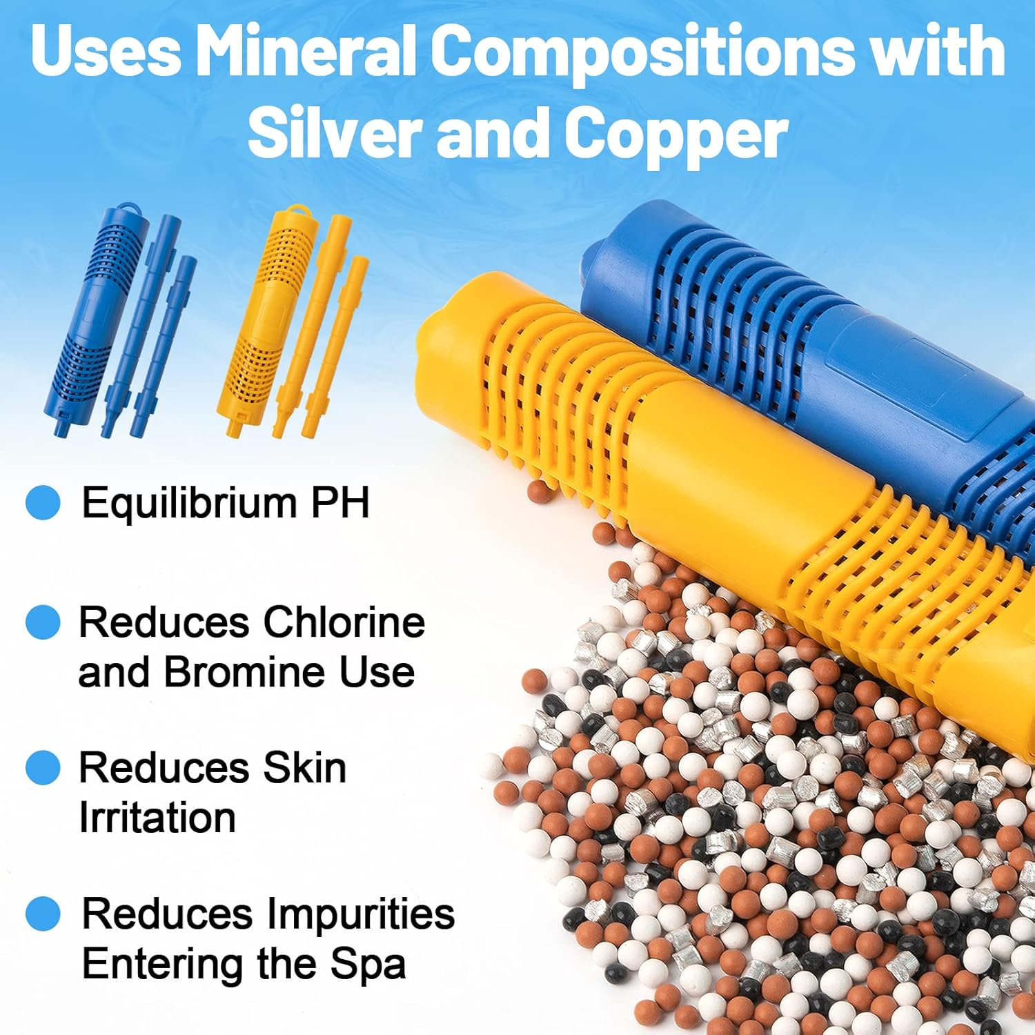 2 Pack Spa In-Filter Mineral Sticks Parts Cartridge Sticks for Hot Tub Spa Swimming Pool Fish Pond Filter Cartridge, Last for 4 Months (Blue & Yellow) - Blue  Yellow *2 image number 2