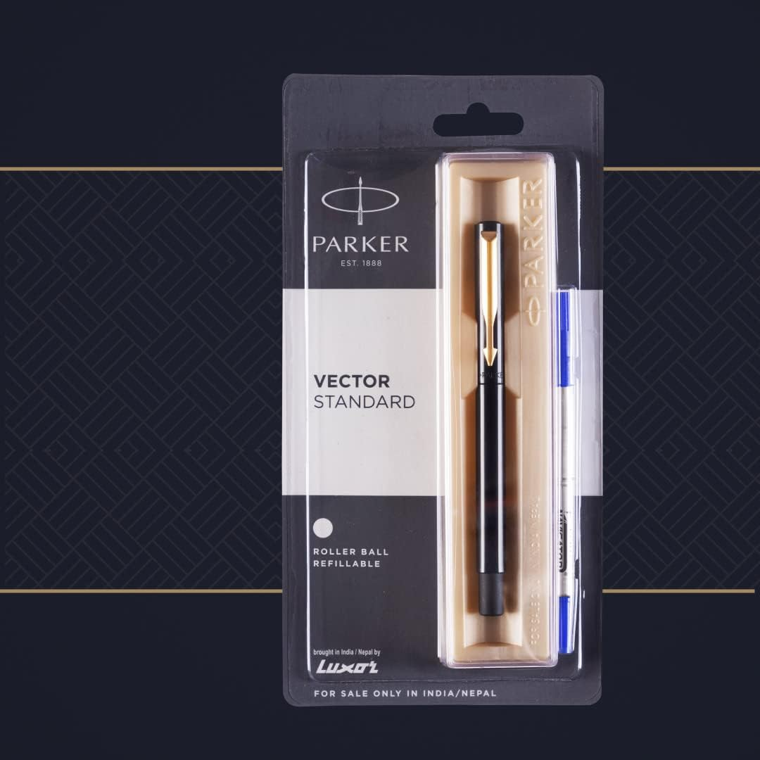 Parker Vector Standard Black Body Gold Trim Roller Ball Ink Pen, Writing Pens, Blue image number 5