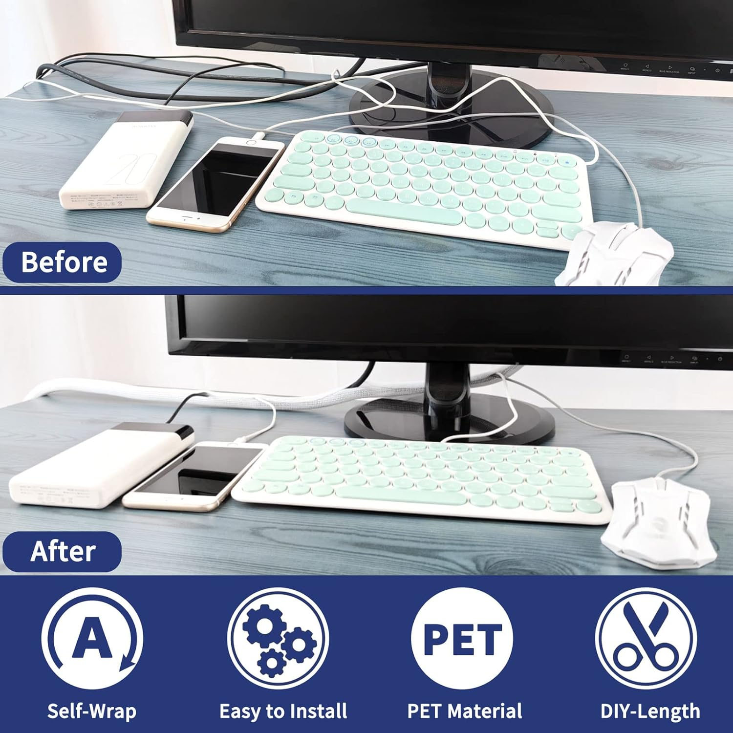 SONATURE Cable Management, 10Ft - 2/3 Inch Wire Loom, Self-Wrap Cable Organiser, Braided Cable Sleeve with 14 Reusable Cable Ties Included, Cord Organiser for Tv/Audio/Pc/Automobile at Home/Office image number 3