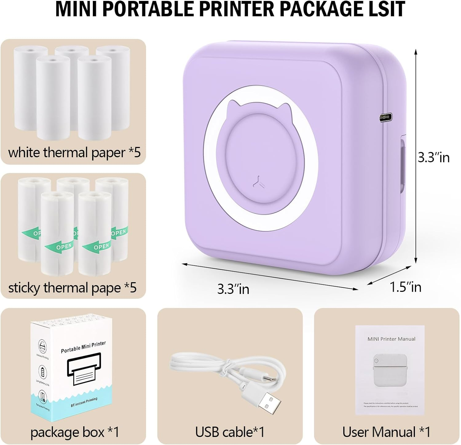 Mini Sticker Printer - Mini Pocket Printer for Iphone Thermal Printer with 10 Rolls Thermal Paper for Journal, Memo, Photo, Purple image number 3