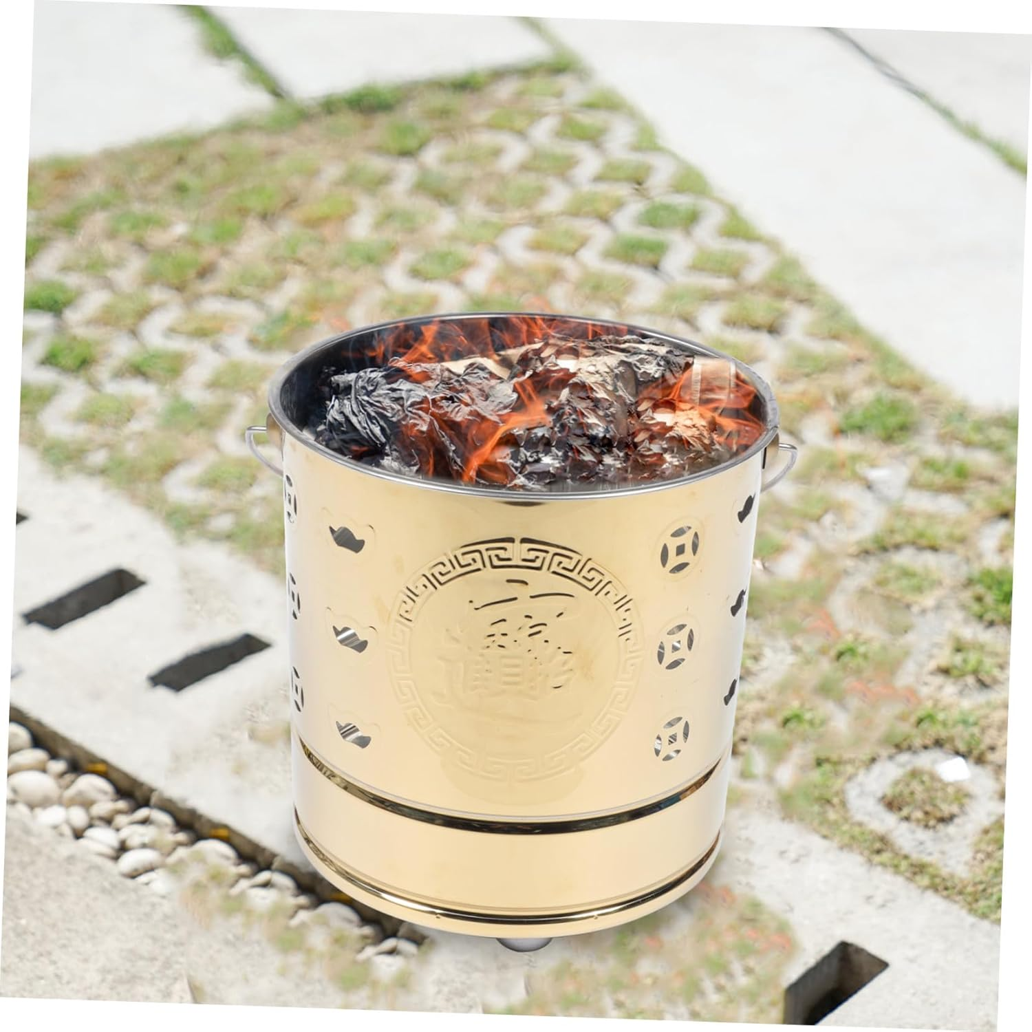 Yardwe Portable Burn Money Barrel Incinerator Bucket with Fire Hook Stainless Steel Paper Money Burner for Home Sacrifice Rituals Hollow Design for Faster Ventilation and Heat Insulation