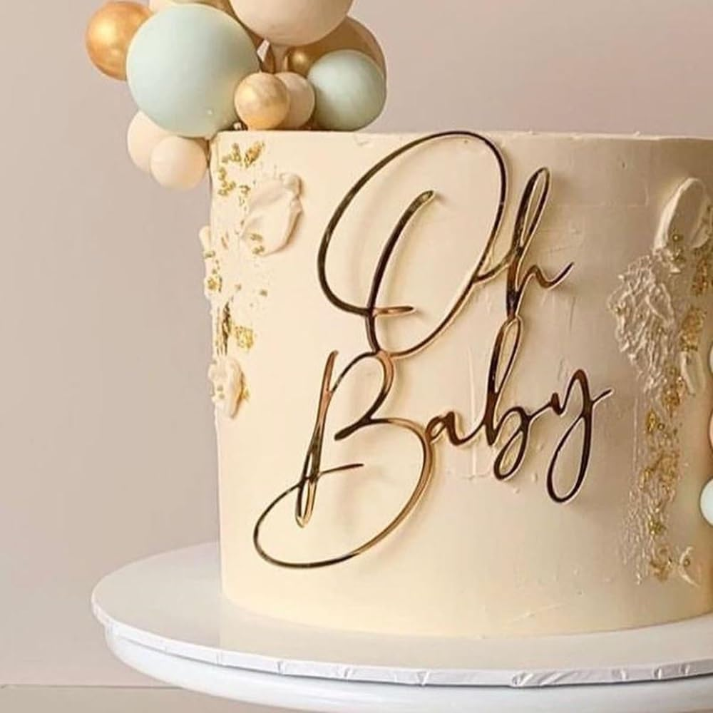 Oh Baby Cake Topper, Golden Acrylic Baby Party Cake Decoration, Baby Baptism or New Baby Gender Reveal Party Cake Decoration