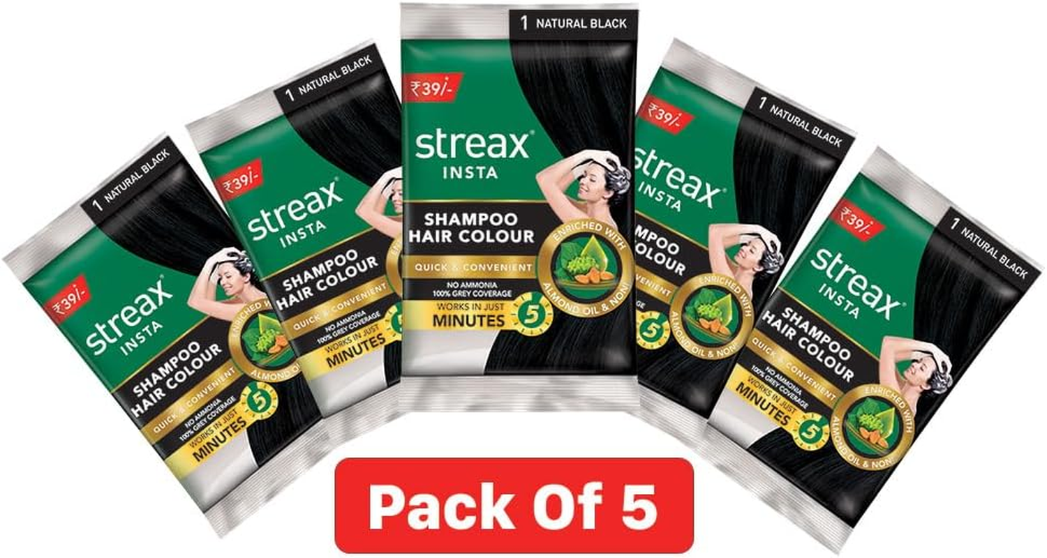 Streax Insta Shampoo Hair Colour for Women and Men, Natural Black - Pack of 5 | 100% Grey Coverage in 5 Minutes | Long Lasting, Easy to Use image number 3
