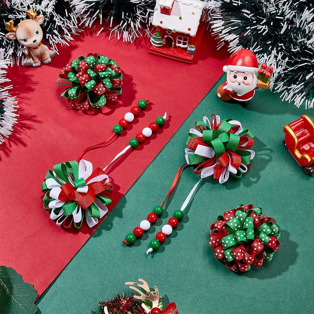 WADORN Pack of 4 Hair Clips with Christmas Curling Ribbon. Curly Alligator Hair Clips Grosgrain Ribbon Ball Flower Red Green White Handmade Holiday Hair Clip for Christmas Hair image number 1