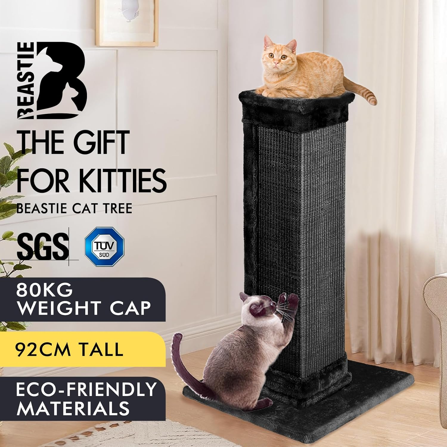 BEASTIE Cat Scratching Post Tree 92Cm Height Cat Scratcher Tower Condo House Furniture Wood, Black image number 2