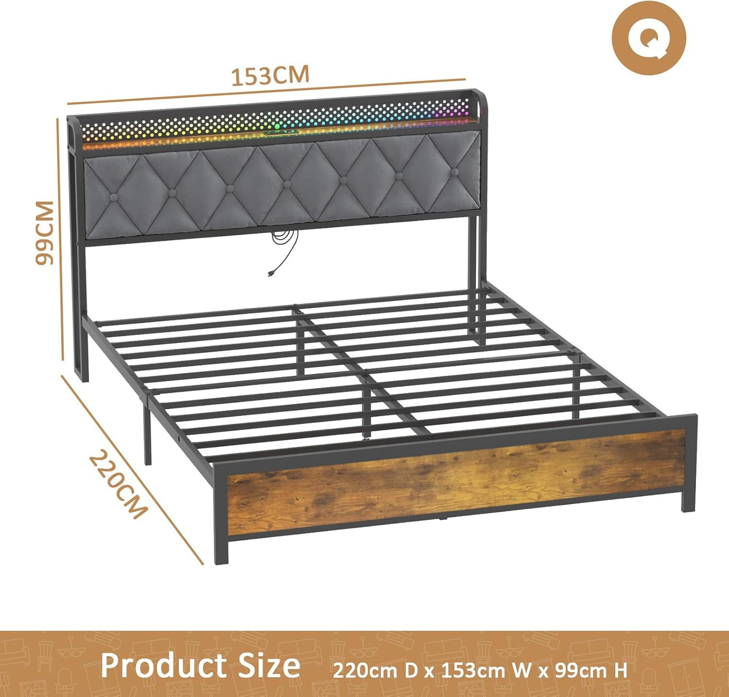 ADVWIN Queen Size Bed Frame, Storage Headboard with Led & Charging Station, Industrial Upholstered Platform Bed with Metal Mattress Base Support, No Box Spring Needed, Rustic Brown & Gray (Queen) image number 1